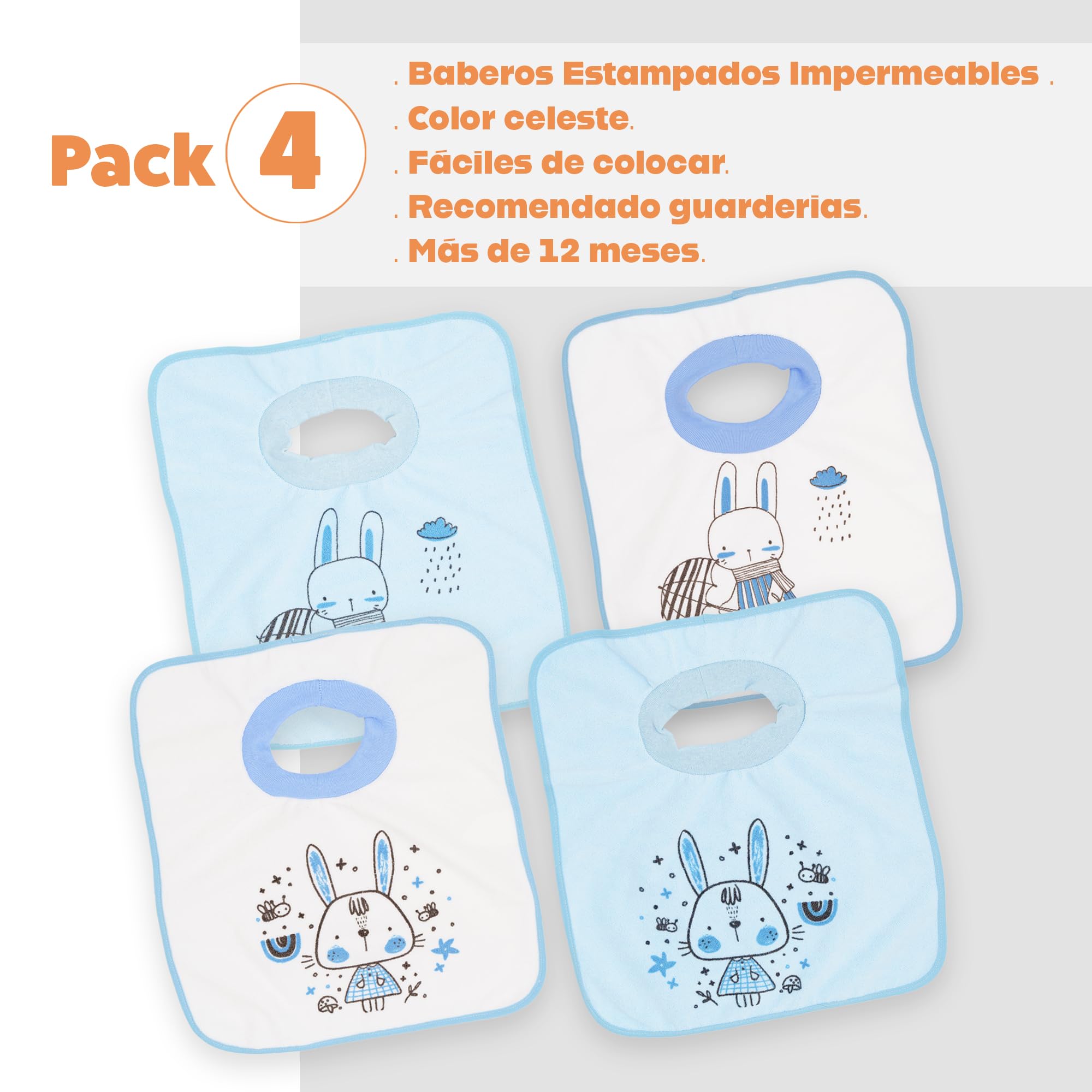 Ti TIN Pack de 4 Baberos Impermeables con Cuello Elástico - Extra Suaves y Absorbentes - Baberos con Forro Impermeable - Fácil de Lavar y Apto para Secadora - Para Bebés +12 Meses y Guardería