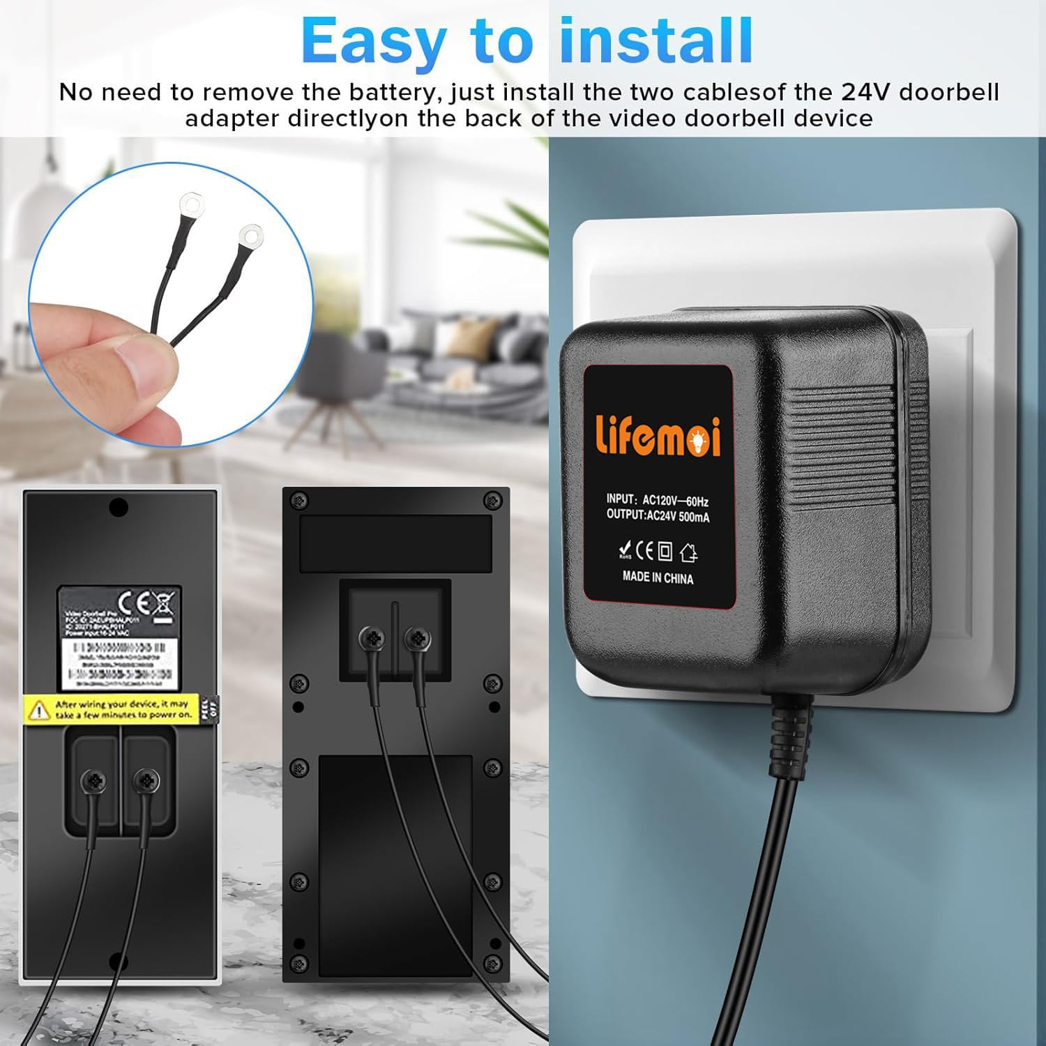 24V/500mA Doorbell Transformer Adapter With 16.5ft Cable – Compatible With Ring, Blink, Wyze, Nest, Arlo, Zmodo, Eufy