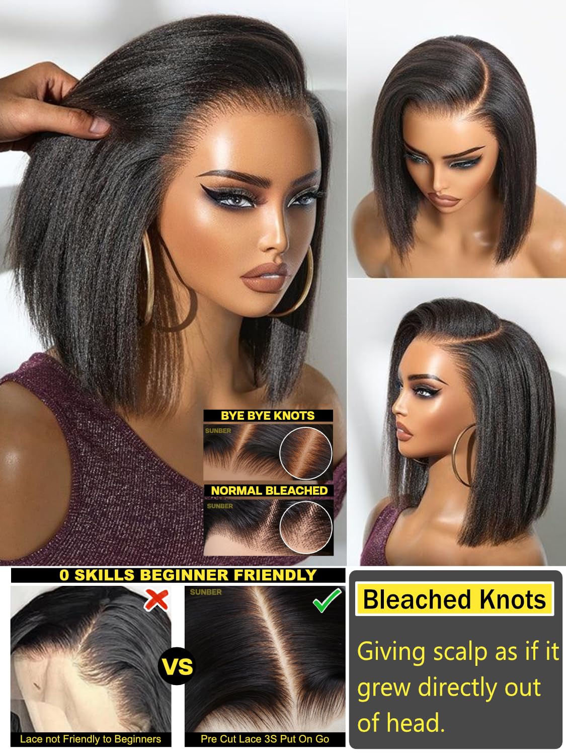 Sunber 13x4 Lace Front Human Hair Bob Wigs Pre Everything 12A Human Hair Bob Pre Plucked Invisible Knots 10Inch Short Bob Wig 150% Density Glueless Bob Wig