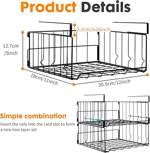 Miniatura 5 de Cesta de almacenamiento colgante debajo del estante, paquete de 2 unidades plegables debajo del gabinete, organizador de alambre de metal para