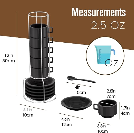 Houseables Espresso Cup Set, Espresso Cups Stackable, Expresso, Demitasse, with Saucers, Stand, Spoons, Coffee Mugs, Juego De Tazas Para Cafe, Porcelain, Stacking, 19 Pieces, Set of 6, 2.5 oz, Black