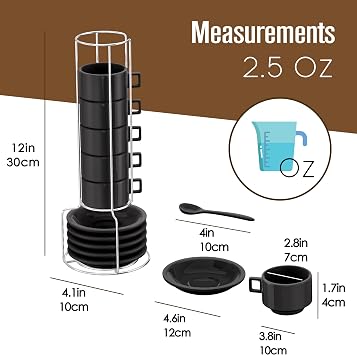 Houseables Espresso Cup Set, Espresso Cups Stackable, Expresso, Demitasse, with Saucers, Stand, Spoons, Coffee Mugs, Juego De Tazas Para Cafe, Porcelain, Stacking, 19 Pieces, Set of 6, 2.5 oz, Black