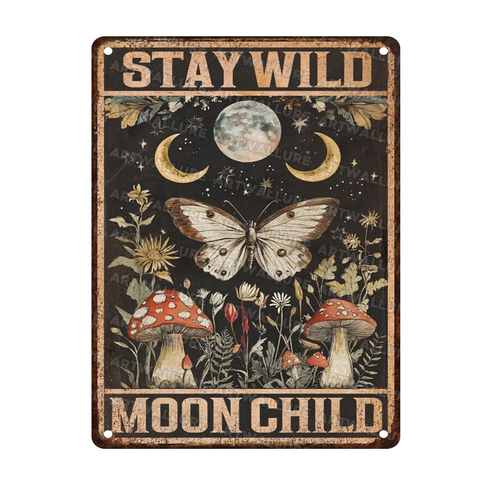Vintage Butterfly Metal Tin Sign Stay Wild Moon Flower Mushroom Signs for Bedroom Hippie Room Decor 12x16inch