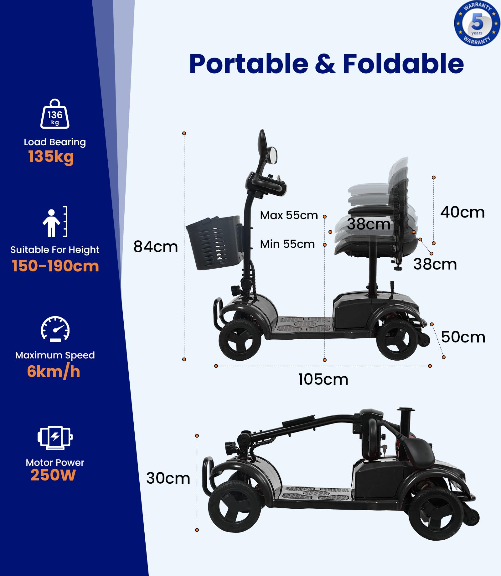 VOCIC Elektromobil Klappbar für Senioren, 20KM Stabiler Seniorenmobil 136KG | 4 Räder Mobilitätsroller mit 20CM Reifen All Gelände,250W Roller Mobilität mit Abdeckplane, 5 Jahre (Schwarz)