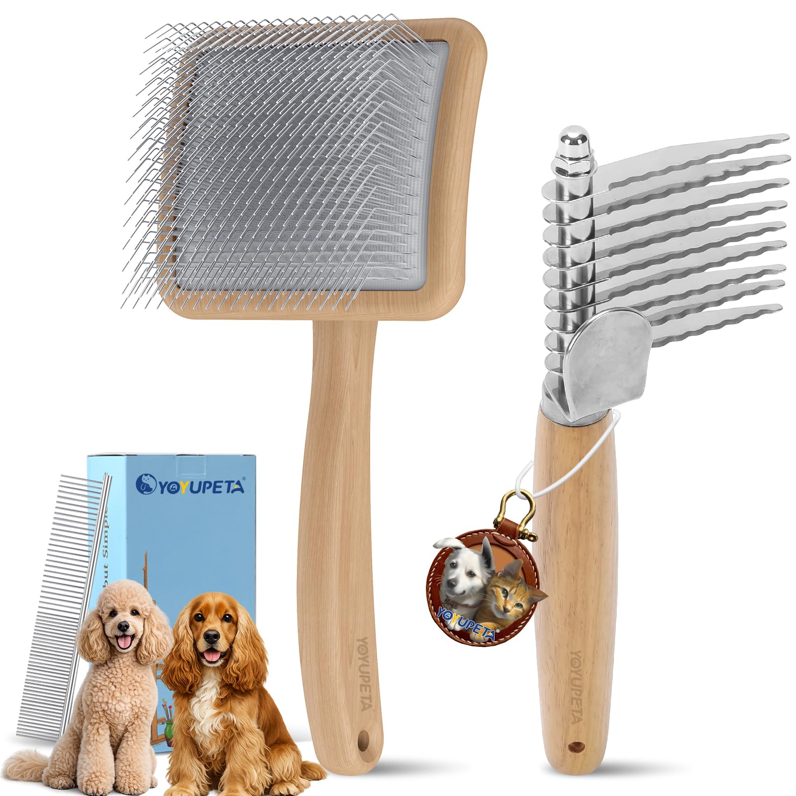 Cepillo largo para perros para caniches, garabatos dorados y gatos, kit de aseo de 3 piezas con peine para desenredar y peine para mascotas, mango de madera grande para eliminar el pelo