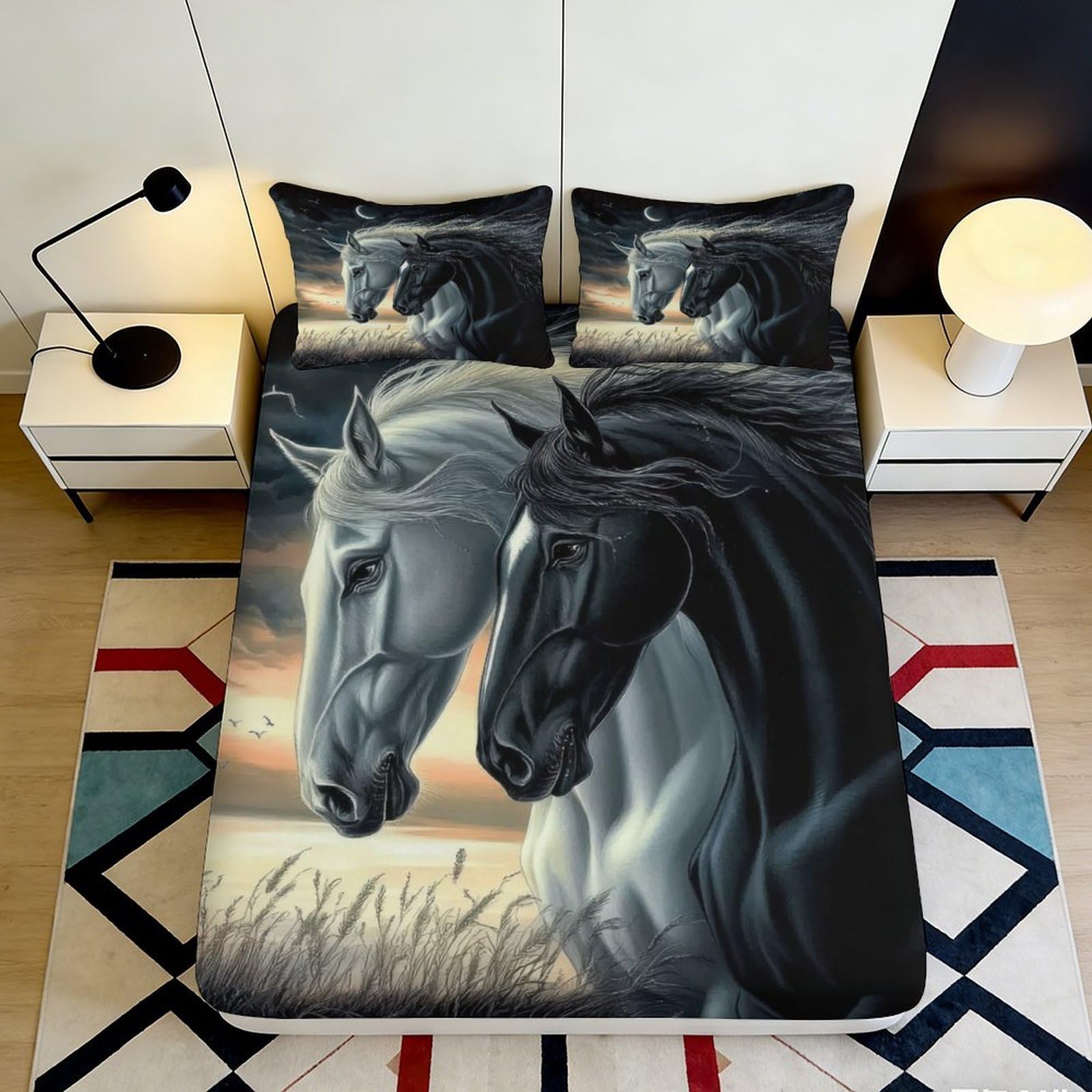 3D Printed Black White Horse Fitted Sheet Microfiber Soft Bed Sheet for Bedroom Guest Room Dorm Decor 90x200x25cm