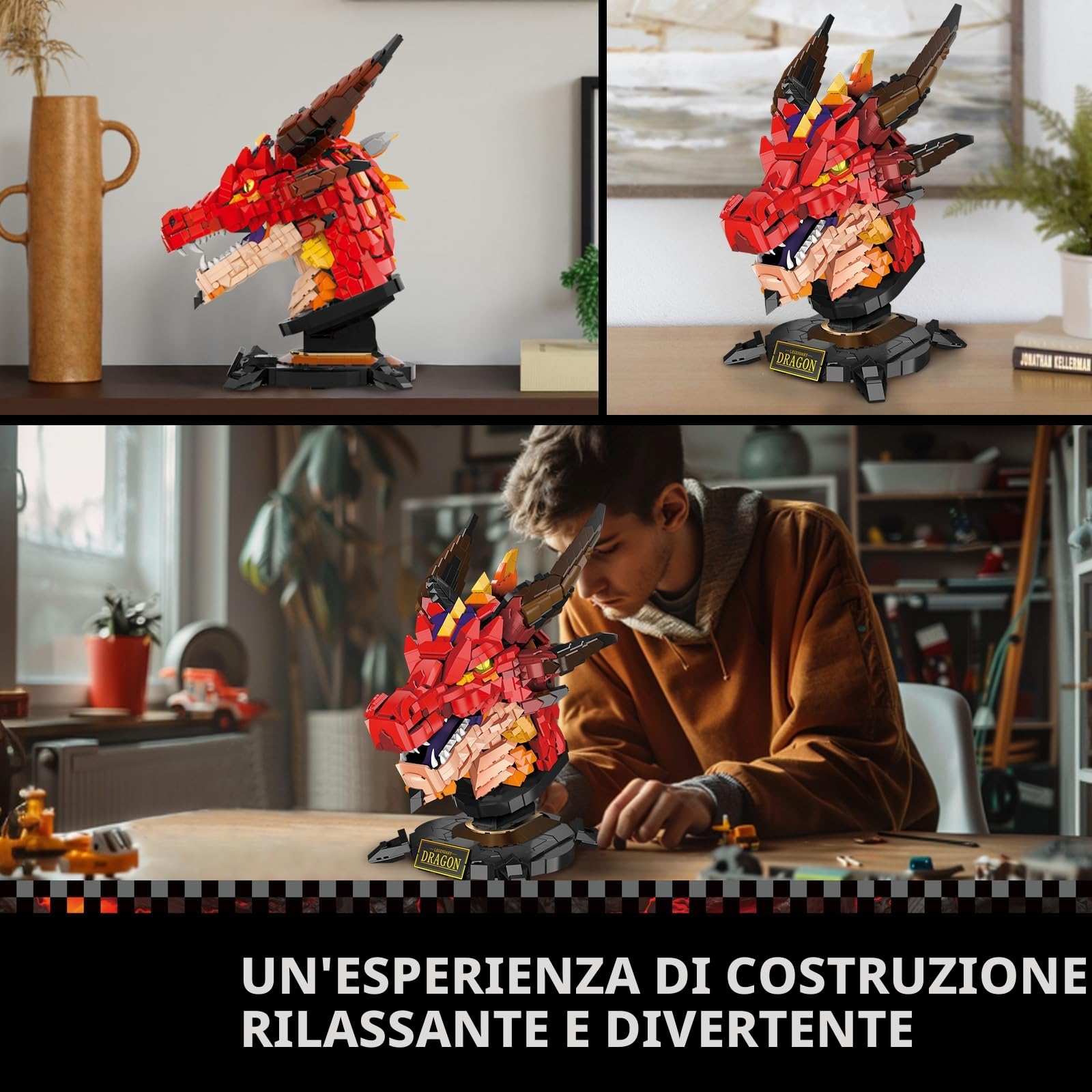 JMBricklayer Set di drago per adulti 70105, Dragon Blocchi di serraggio a forma di testa di drago kit set, Decorazione da artistiche per uffici e sale studio, Idea Regalo Creativa per Adulti