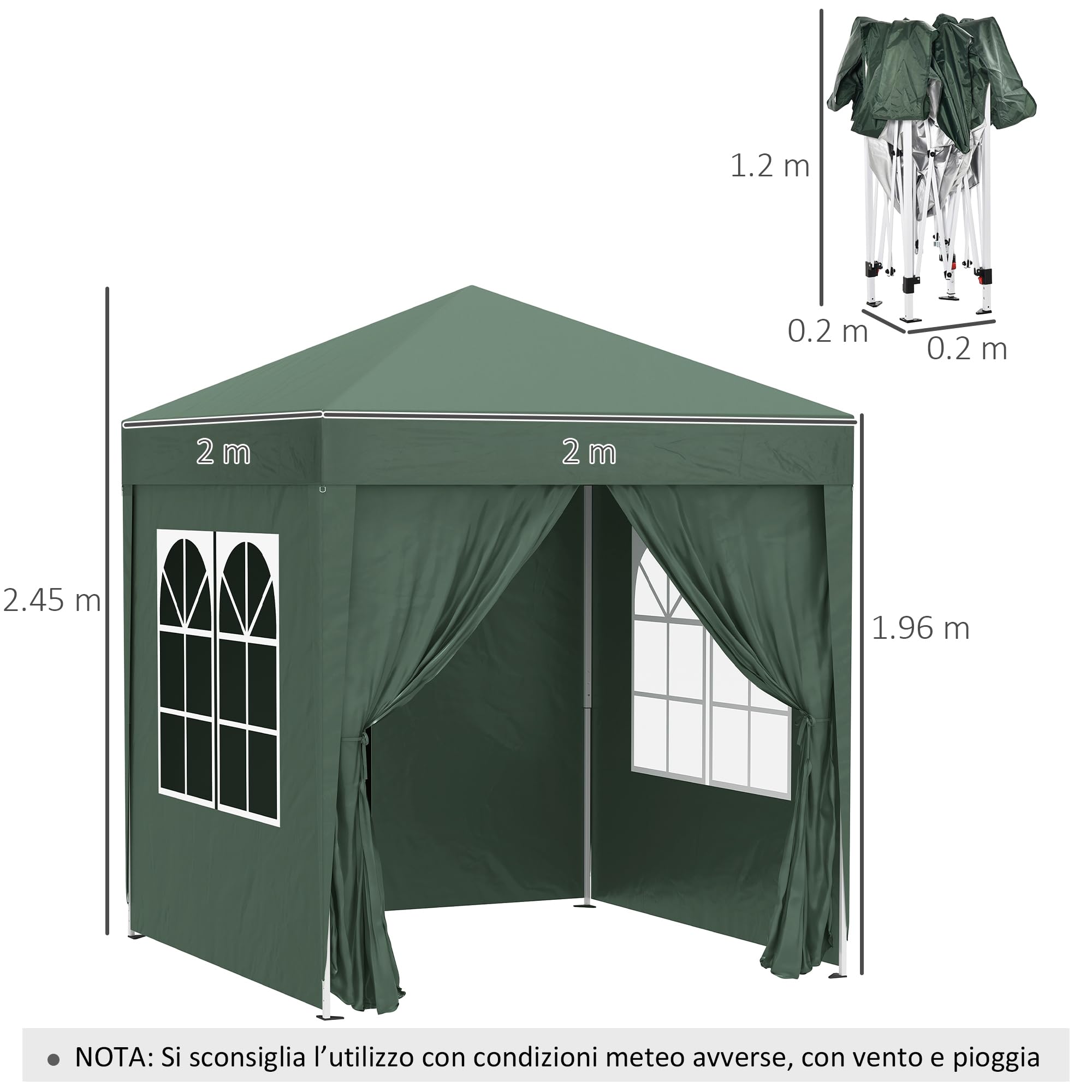 Outsunny Gazebo 2x2 m Pop-up Impermeabile con 4 Pareti Rimovibili, Gazebo Pieghevole in Metallo e Poliestere con Borsa da Trasporto, Verde