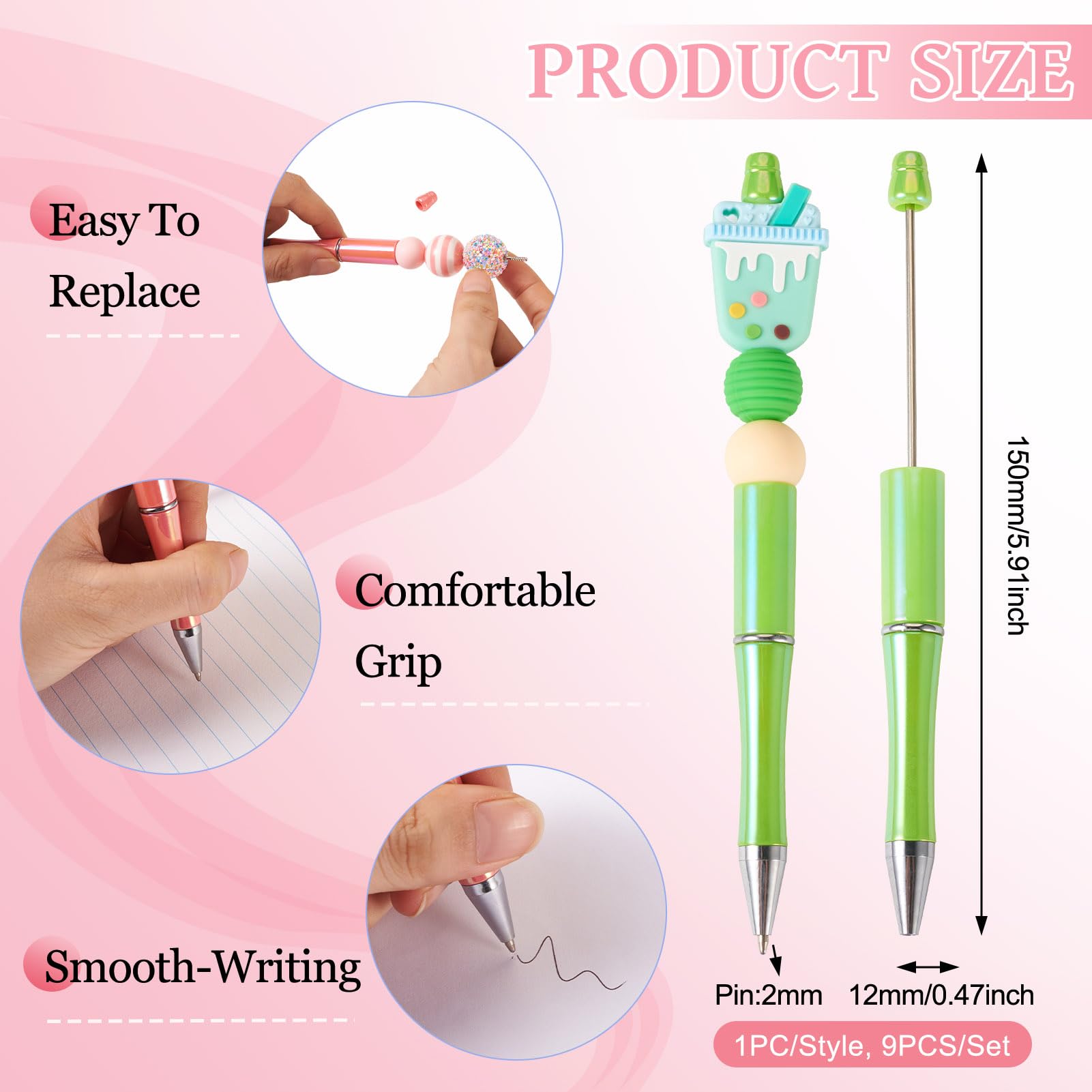 PandaHall 9pcs Beadable Pens Bulk Plastic Beaded Pens Iridescent Shaft Ballpoint Pens for Pen Decorations School Office Craft Supplies - Image 2