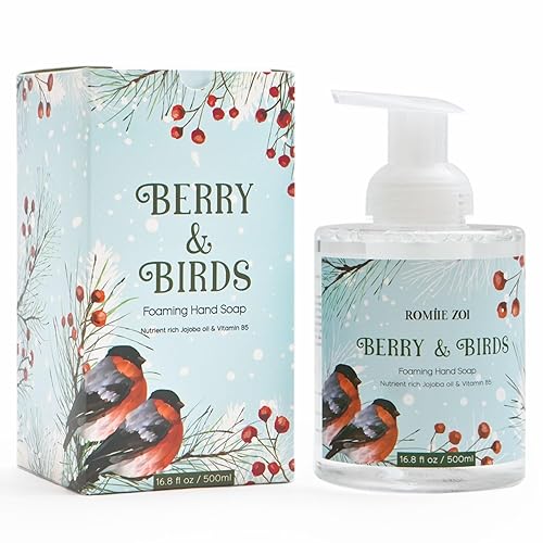 Jabón de manos espumoso navideño con caja de regalo, bayas y pájaros, infundido con aroma a nieve que cae - 16.9 fl oz 16.8 onzas líquidas