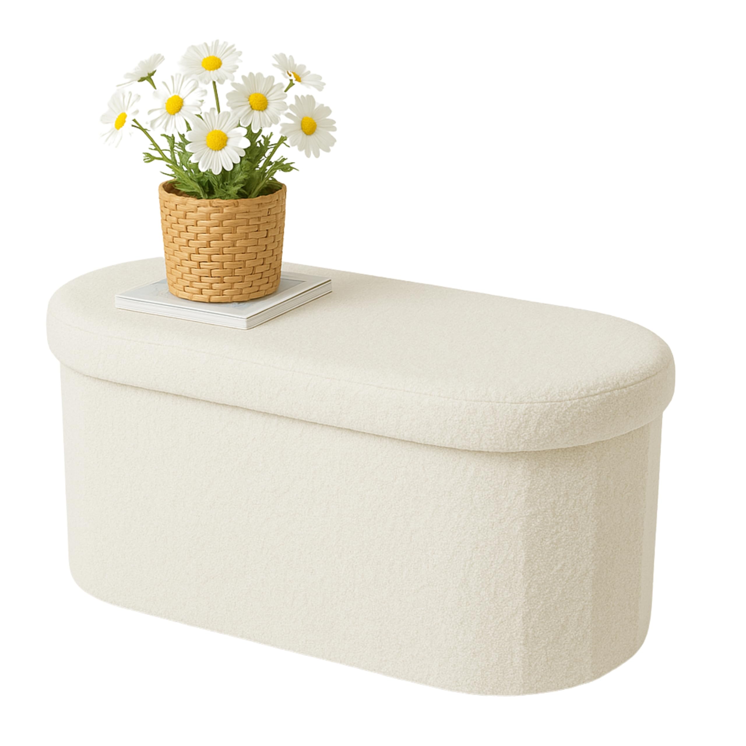 LAMBY HOME Banco Almacenaje - Puff Almacenaje Borreguito, Baul Almacenaje Dormitorio, Banco Zapatero Plegable, Puff Salon, Banco recibidor, Banco Pie de Cama, Reposapies Salon y Sofa, Blanco, 78x38x38