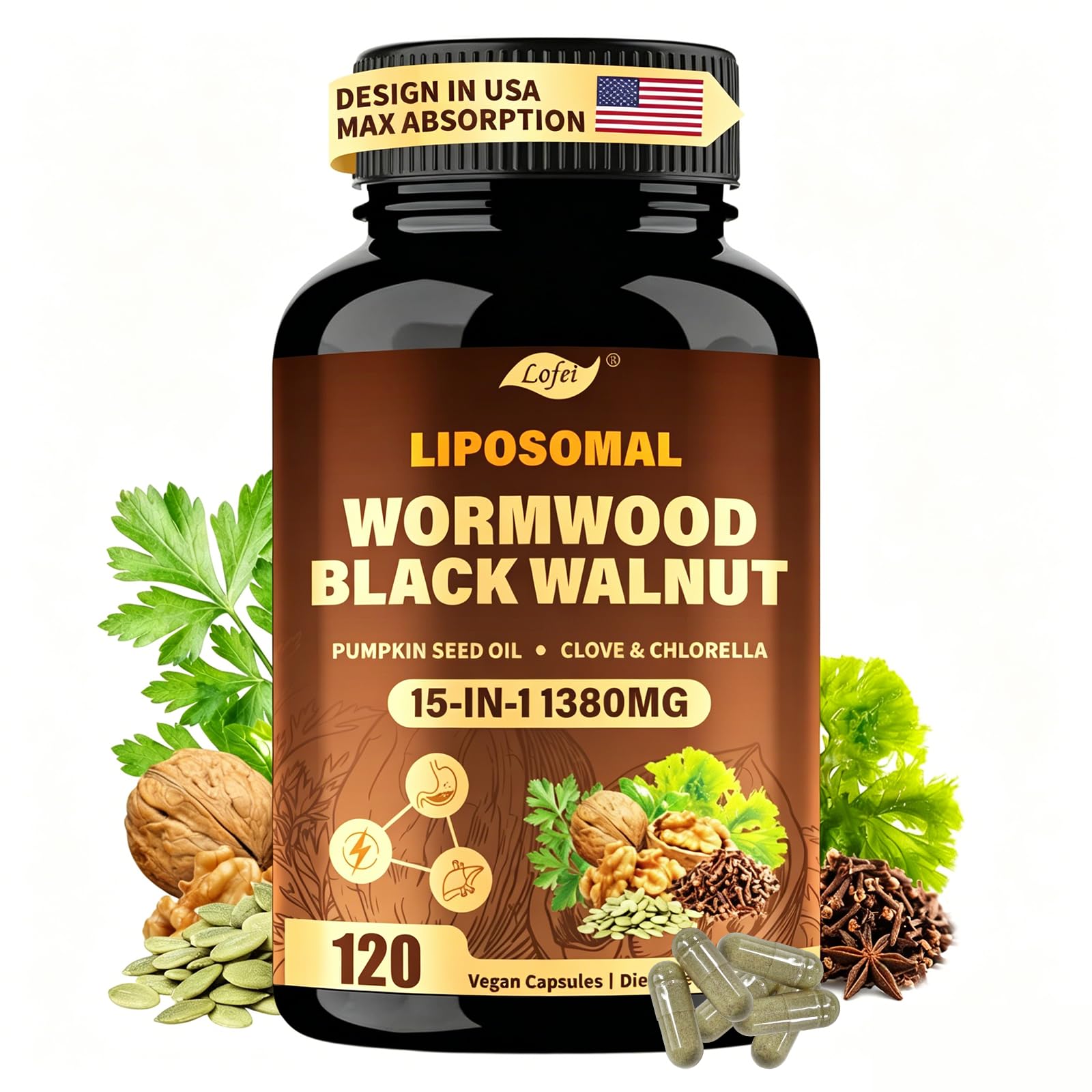 Lofei Wormwood Black Walnut Clove Parasite Cleanse for Humans,15-in-1 Herbal& Digestive Formula,Liposomal Tech High Absorption,with Clove Pumpkin Seed Oil Garlic Oregano, Non-GMO,120 Vegan Capsules