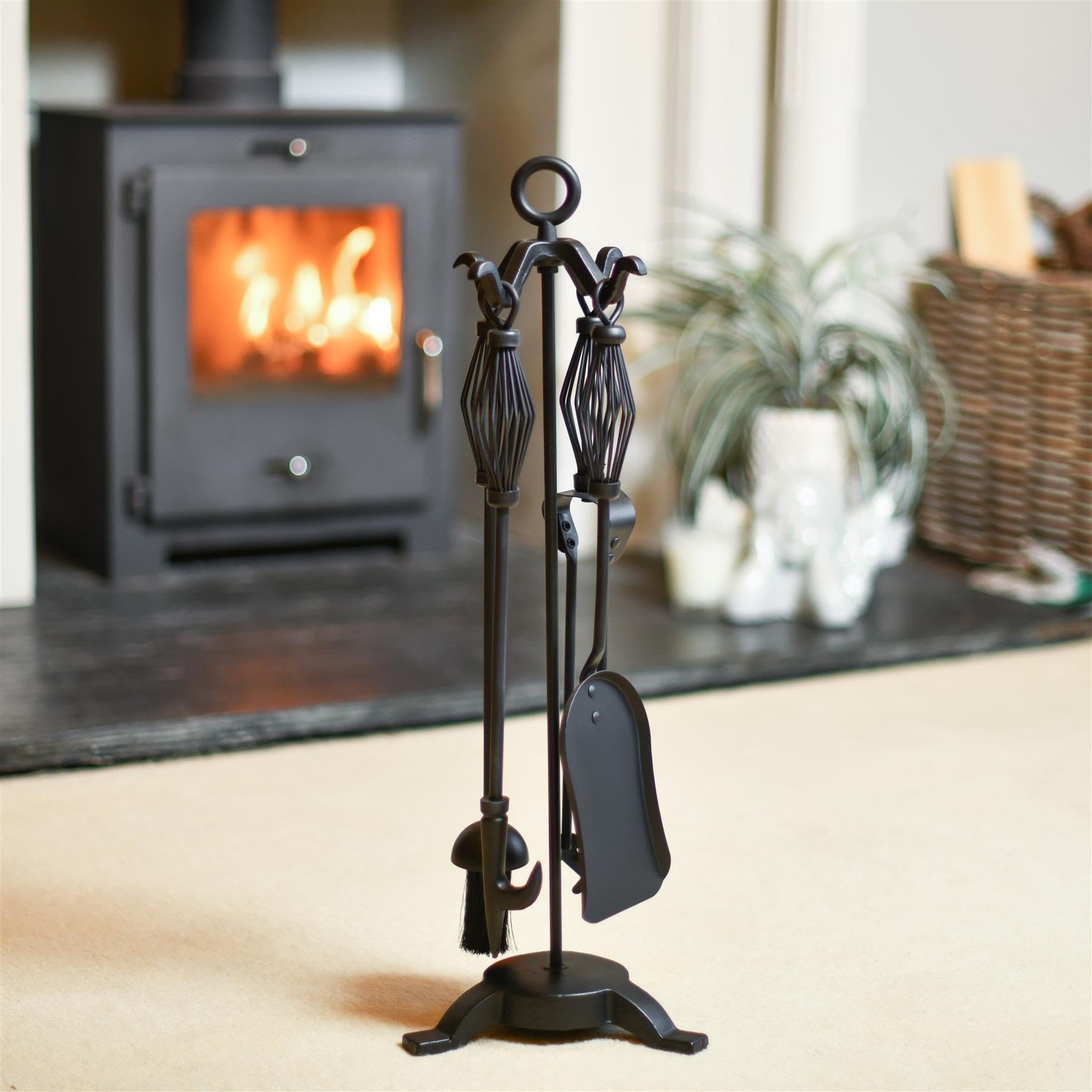 "The Dinnington" Black Fireplace Accessories Companion Set - Fireside Tools with Poker, Tongs, Brush - Elegant and Functional Fireside Companion Set for Fire Log Burner