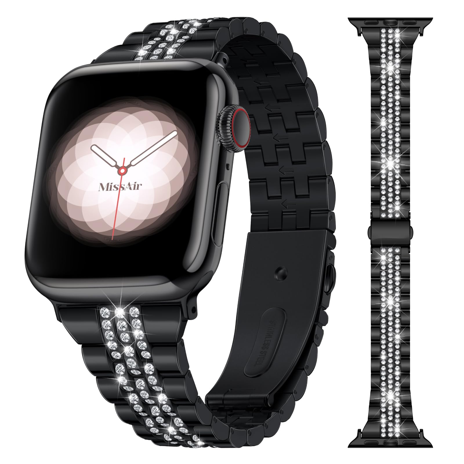 Missair Bling Bands Compatible With Apple Watch Band 38mm 40mm 41mm 42mm 44mm 45mm 46mm 49mm Women, Upgraded Buckle Replacement Bracelet Metal Strap