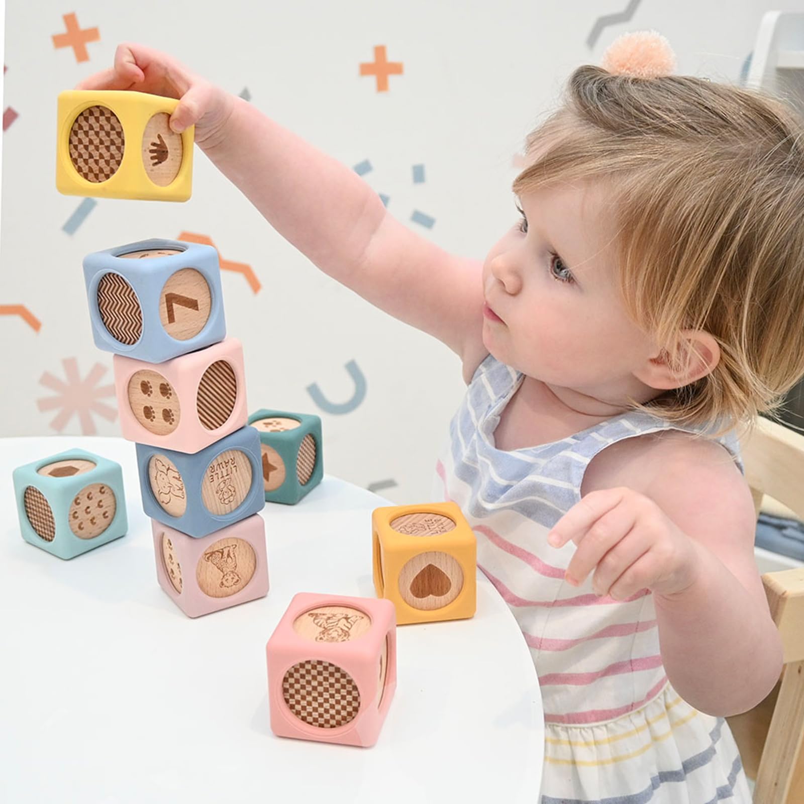 Little Rawr 9 bloques apilables de silicona para niños y madera, juguete de silicona de grado alimenticio con inserciones de madera natural, bloques Montessori masticables suaves para niños