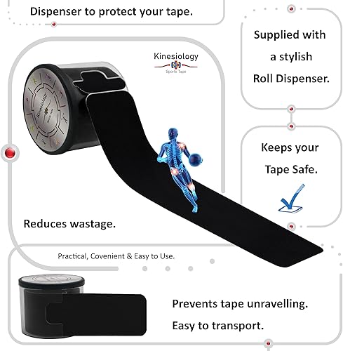 Vista 7 de Cinta de kinesiología precortada con dispensador – Cinta muscular deportiva sintética – Negro – Rollo de 16.4 ft – 20 tiras – Cinta de fisioterapia