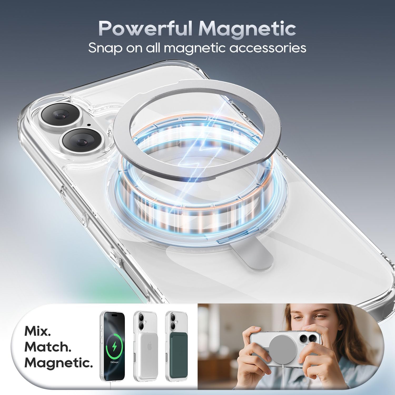 for iPhone 17 Case 6.3-Inch with Magnetic 360° Ring Stand Compatible with MagSafe Crystal Clear Shockproof Protective Phone Cover 6.3" 2025, Clear
