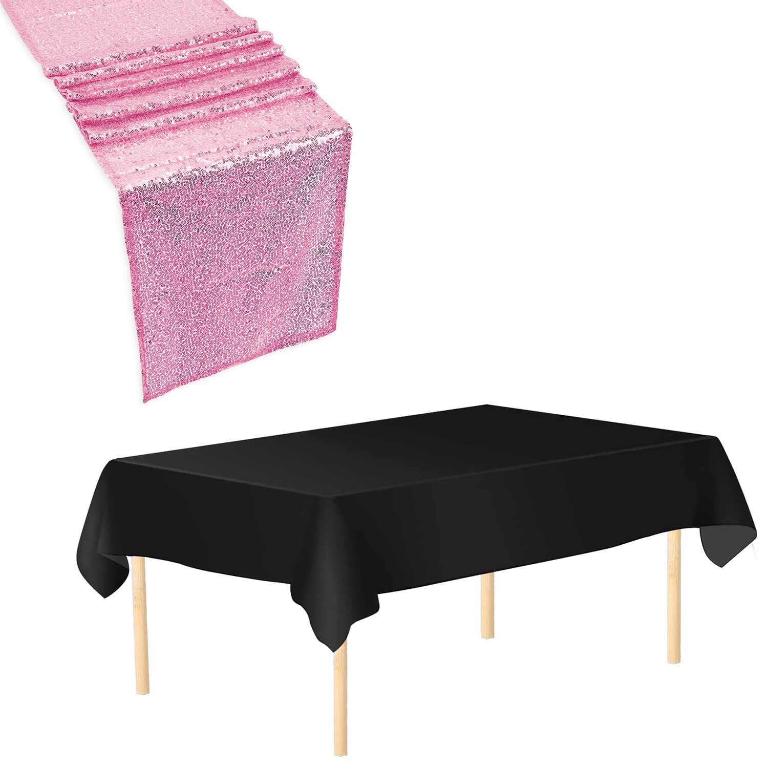 Trimming Shop Tablecloth Table Runner Set, 3 Pack Black Disposable Table Cover Waterproof Plastic Tablecloth & 3 Pack 11" x 108" Baby Pink Sequin Table Runner for Birthday Wedding Christmas Party