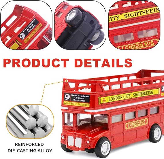 London Bus Diecast Model Double Decker Red Bus and Black Taxi Mini Models 1:32 Scale Pull-Back Buses Model Alloy Diecast Toy Vehicles Taxi Toys Metal Die Cast Free Wheeling Toy Birthday Gifts for Kids