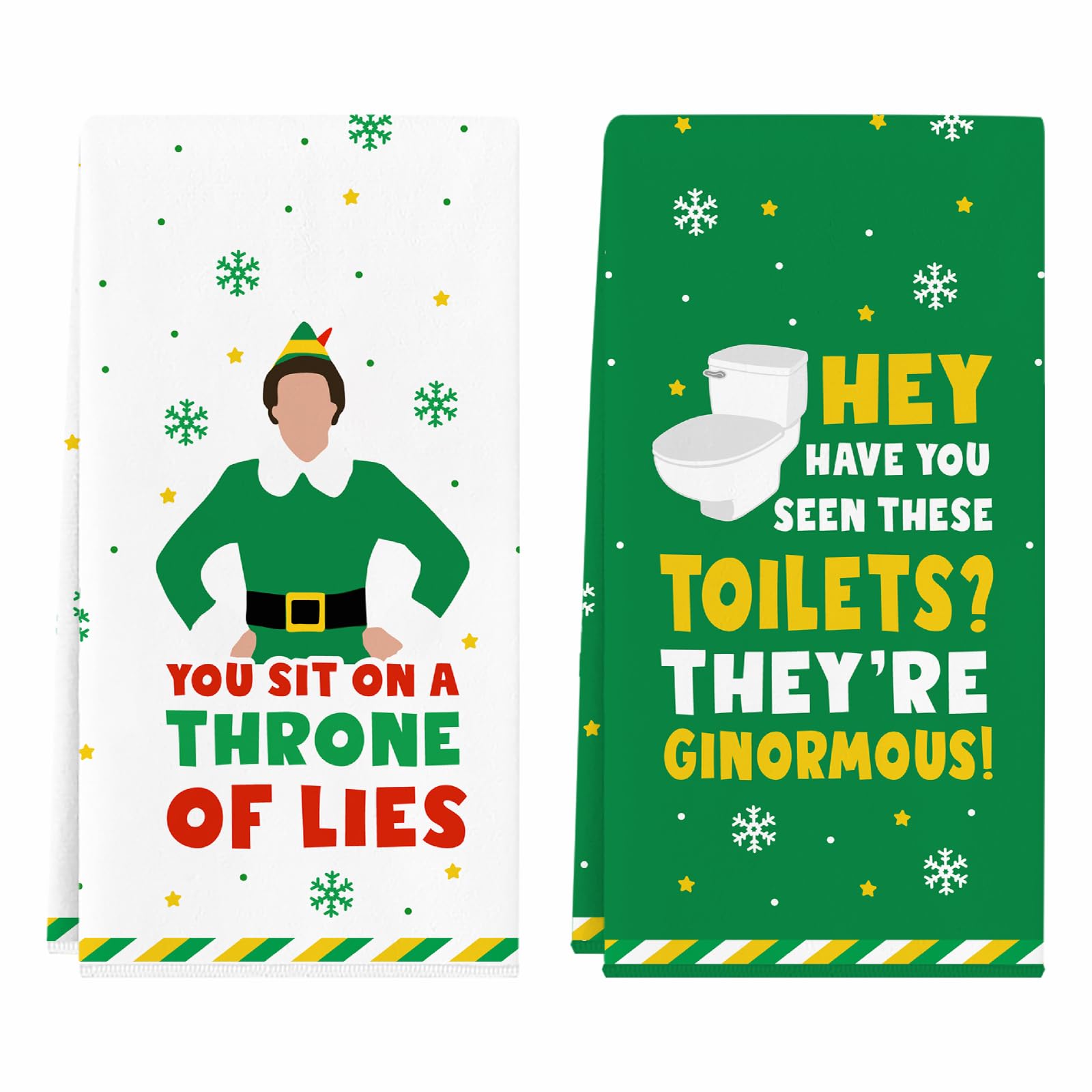 Funny Elf Christmas Towels, 2 Pack Holiday Bathroom Hand Towels, Buddy The Elf Merch Gifts Kitchen Dish Towels Set, Christmas Kitchen Bathroom Decorations, White Elephant Gifts Stocking Stuffers