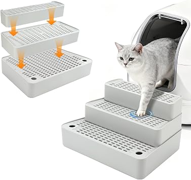 Adjustable 3-Step Cat Ramp for Litter Box, Litter Trapper, Grey