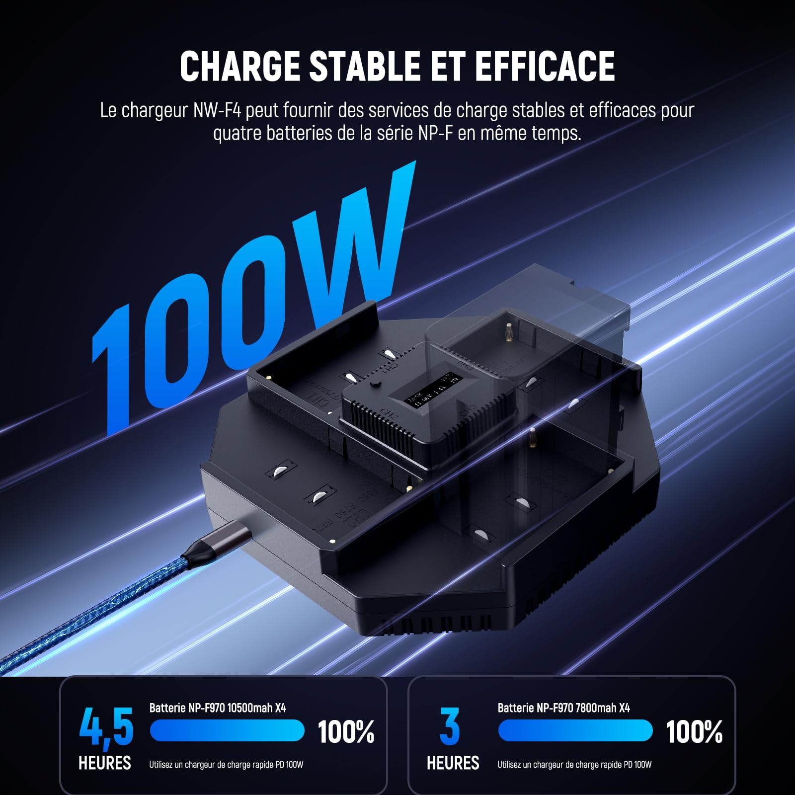 NEEWER NP-F970 Chargeur à 4 Canaux pour NP-F550 NP-F750 Caméscope Caméra Batterie, Chargeur de Batterie NPF à Charge Rapide PD 100W avec Écran OLED &100W Câble de Charge Rapide USB C à USB C, NW-F4