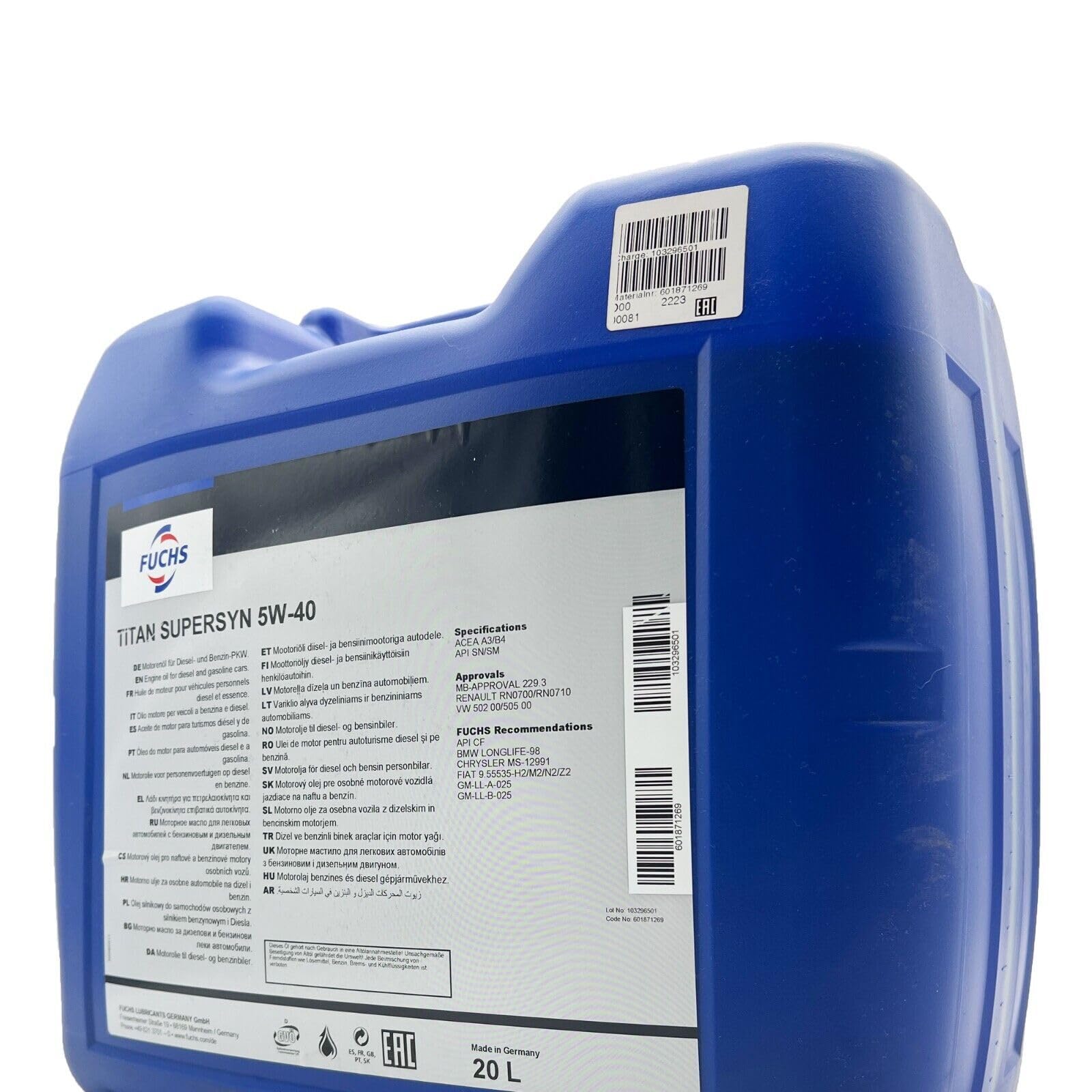 20 L Fuchs SuperSyn 5W40 kompatibel mit | VW502.00| VW505.00 | MB229.3 | RN0700 | RN0710 | 20 Liter | 5W-40 | ACEA A3/B4 API SN/SM | Motoröl Motorenöl Öl l Herstellerfreigaben und Empfehlungen