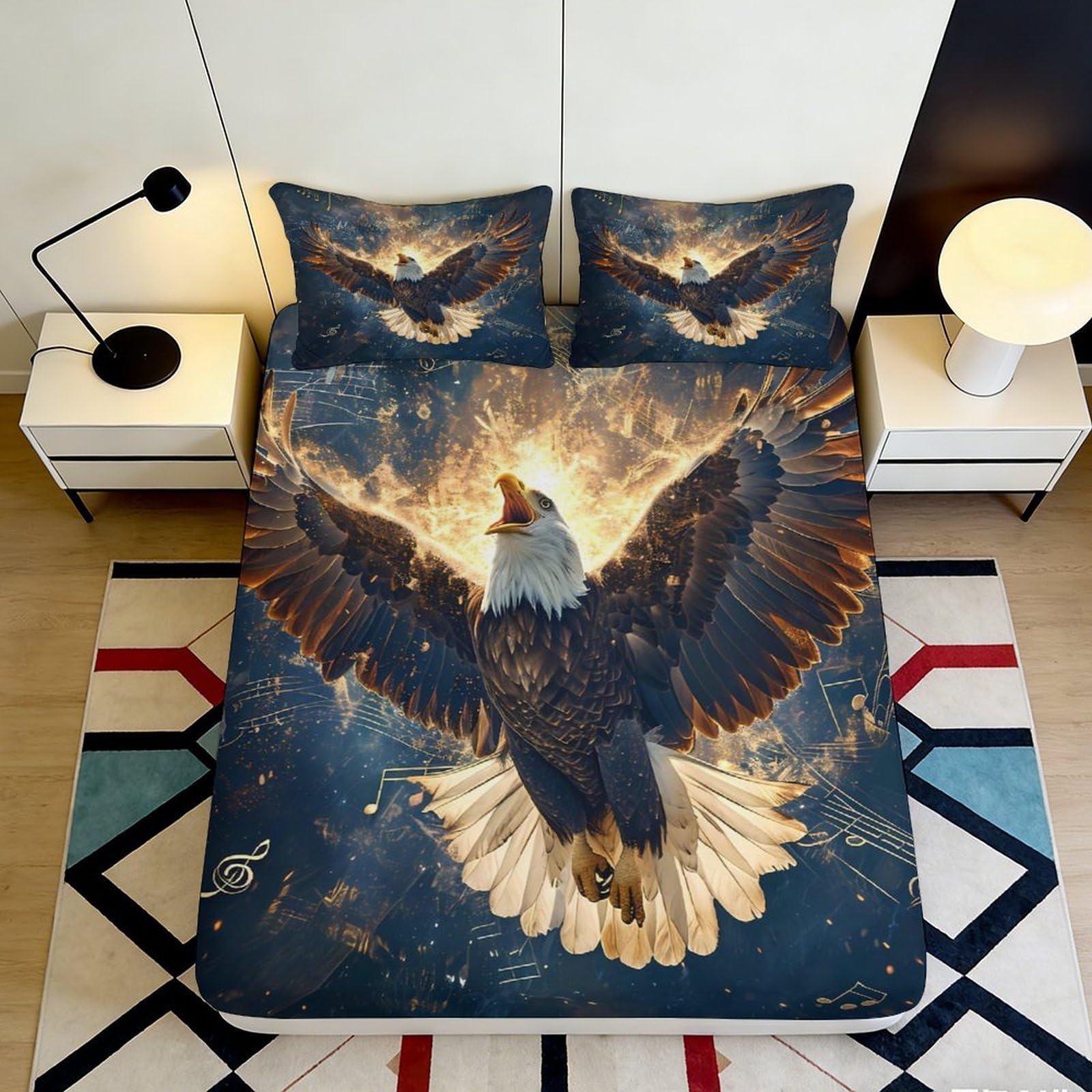 3D Printed Fiery Eagle Fitted Sheet Microfiber Soft Breathable Musical Notes Mattress Cover for Bedroom Dorm Decor 90x200x25cm