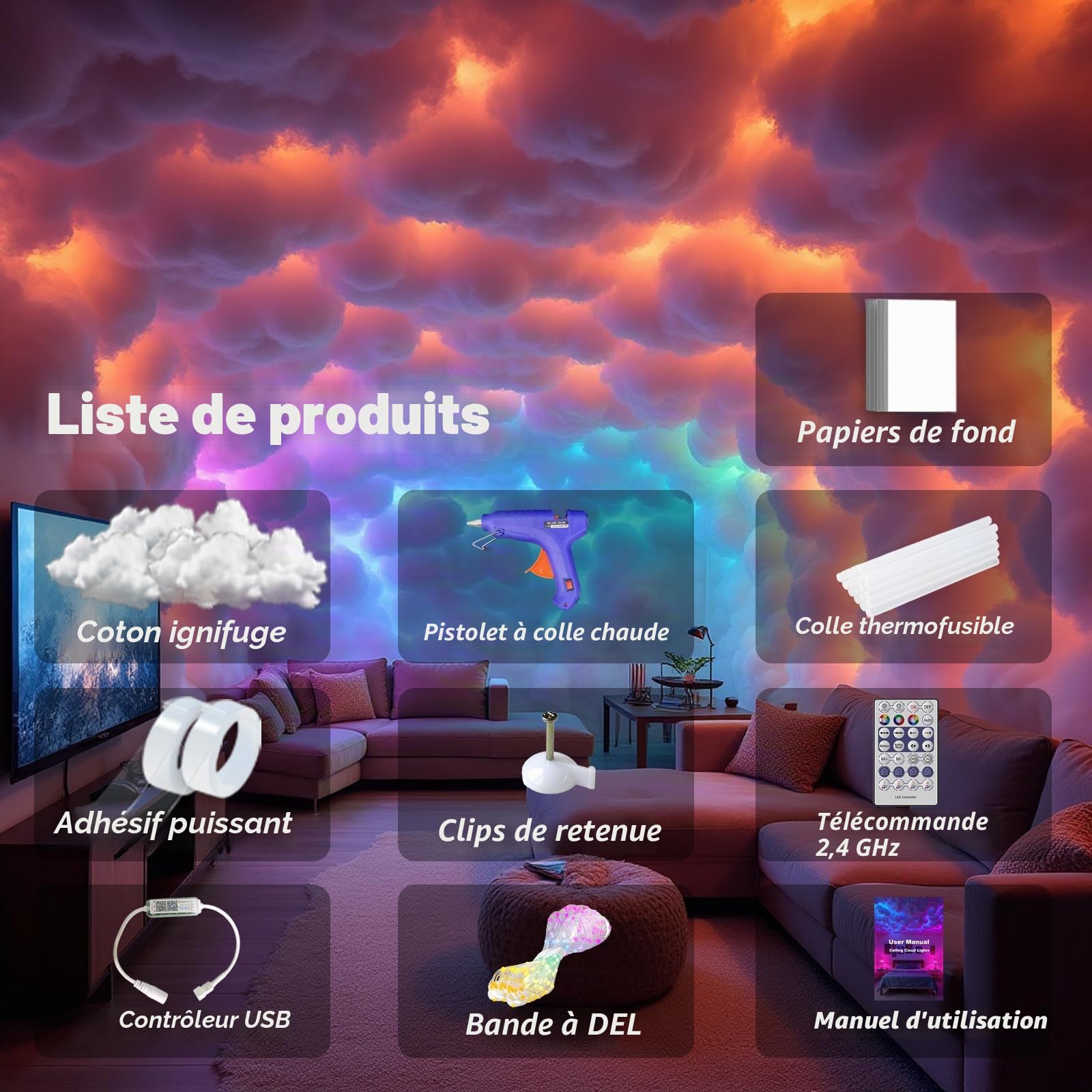 Couverture nuageuse LED en coton RGB IC 3D 5m avec application et télécommande