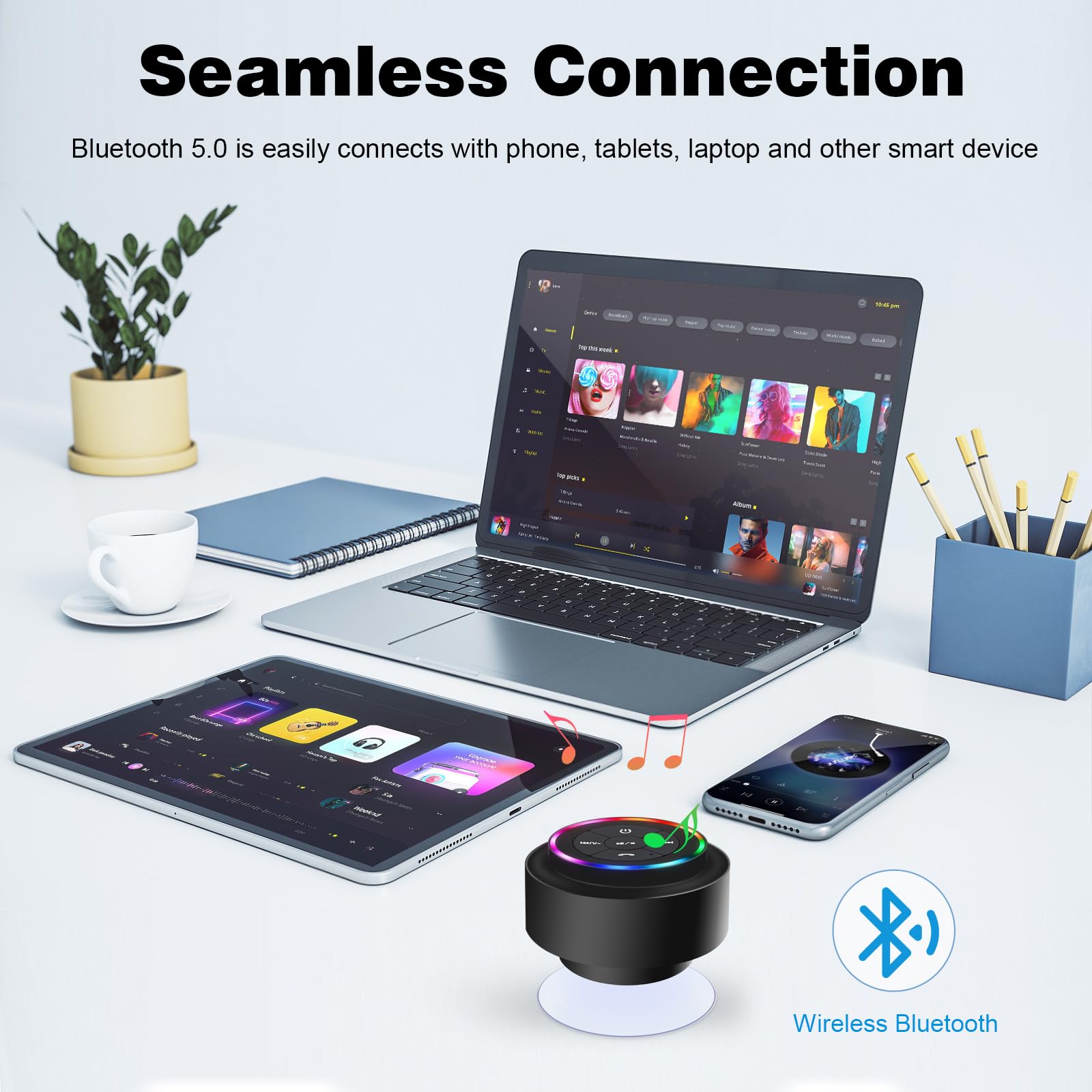 PEDVSTY Altavoz Bluetooth impermeable, altavoz de ducha, IP67 impermeable, luz LED, flotante, ventosa, altavoces portátiles para viajes, piscina, playa, kayak, grandes regalos
