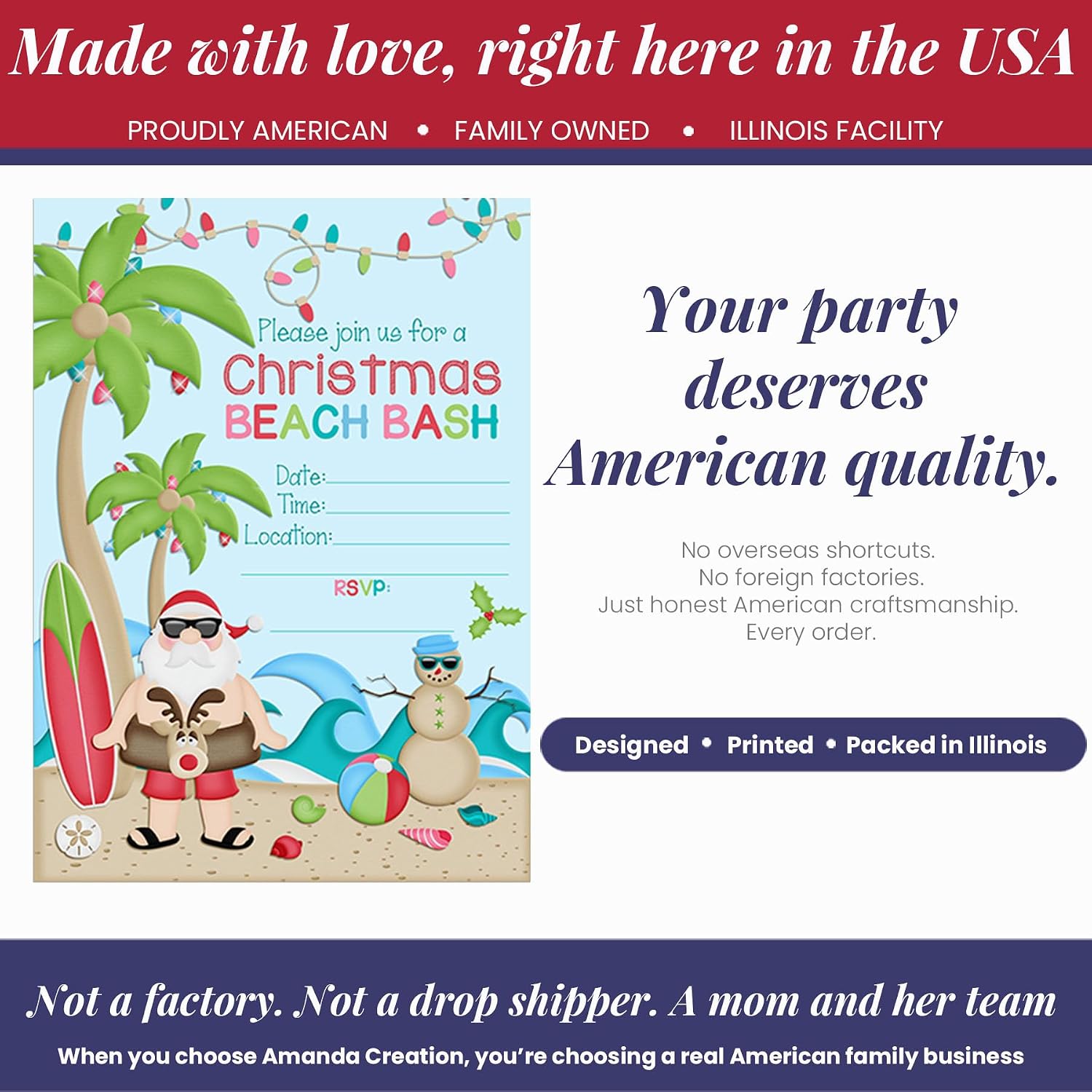 Amanda Creation Christmas Invitations with Envelopes – Beach Bash Holiday Party, 20 Pack 5x7 Double Sided Fill-In Invite Cards with Twenty White Envelopes Perfect for Christmas Birthdays