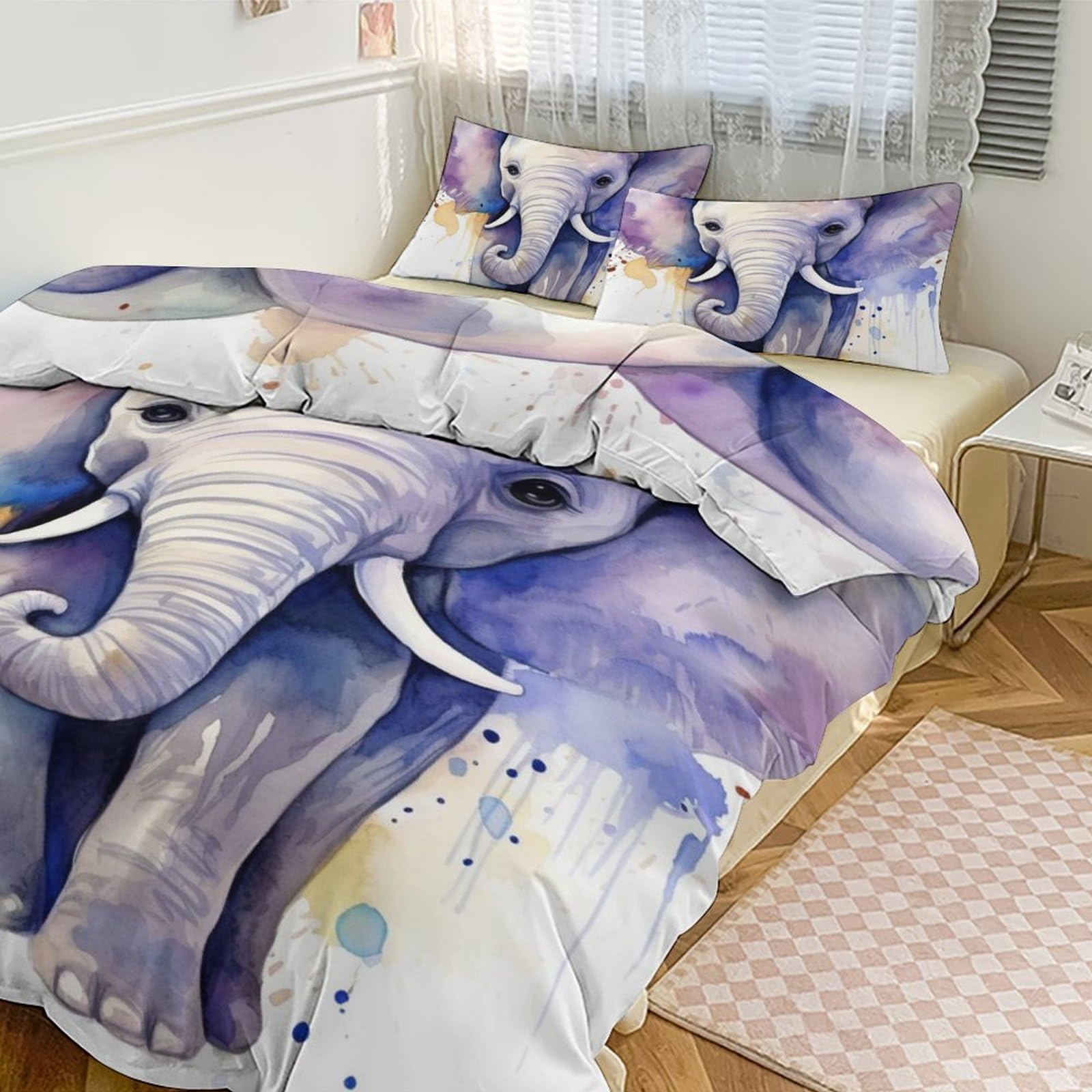 Housse de couette éléphant lit simple avec 2 taies d'oreiller aquarelle