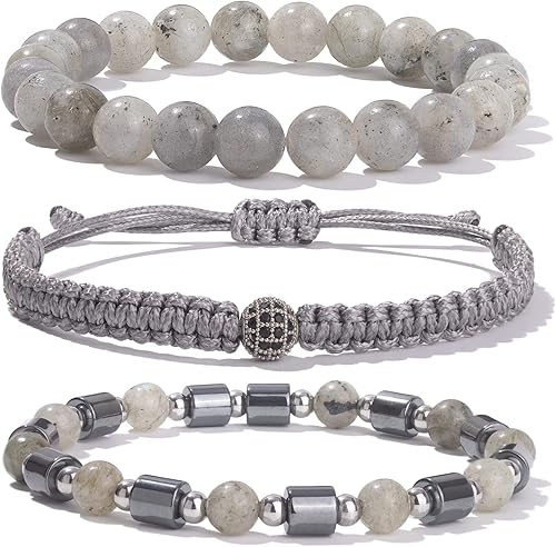 Juego de pulseras de cuentas para hombre de 0.315 in y 0.157 in de piedras preciosas curativas trenzadas con dije de circonita cúbica, pulsera de