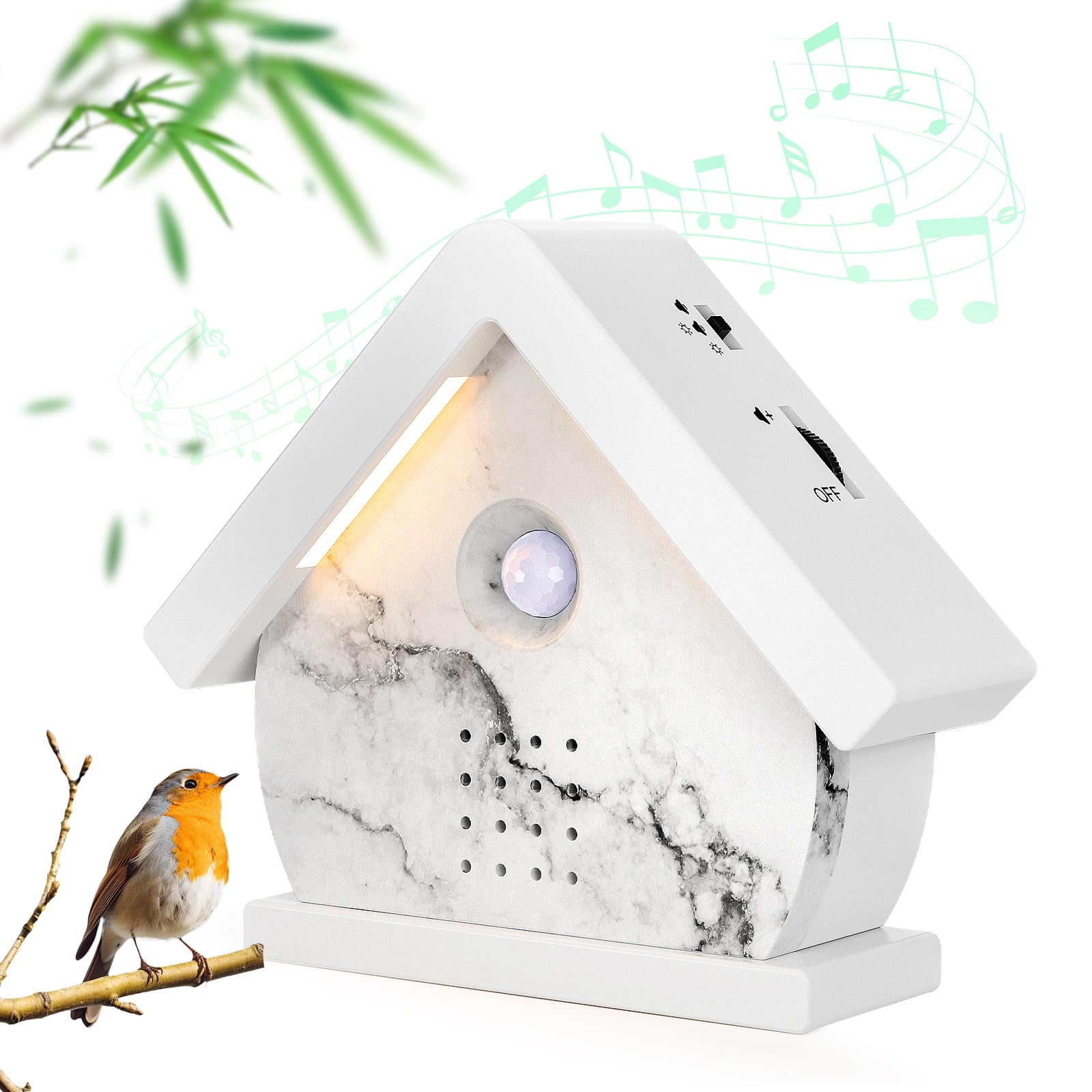 Caja de Pájaros Cantores con Sensor de Movimiento, Luces LED, Temporizador y 12 Canciones Relajantes. Caja de Pájaros Portátil con Sonido Relajante para Baño y Hogar, Adultos (White and Black)