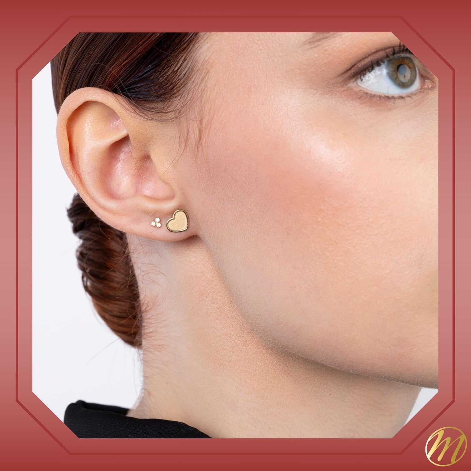 14k Yellow Gold Stud Earrings with 3 Circles Trefoil Triangle, Covered Screwback Closure for Girls and Women