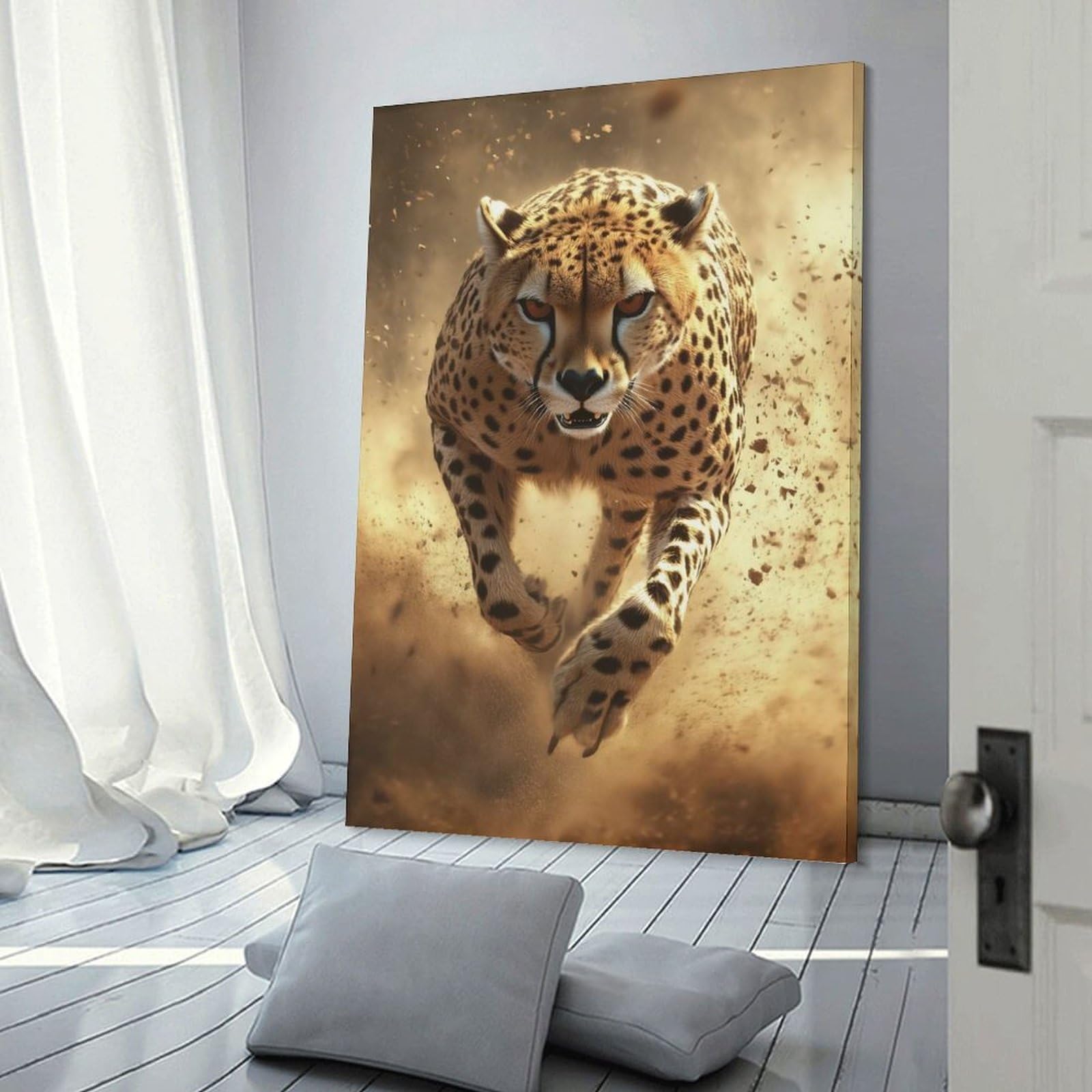 Junmoney Frame-Style-4 Cheetah Running Decorative Canvas Print, 20X30inch(50X75cm), For Contemporary Homes, Apartments Or Offices, Home Artwork For Modern Interiors