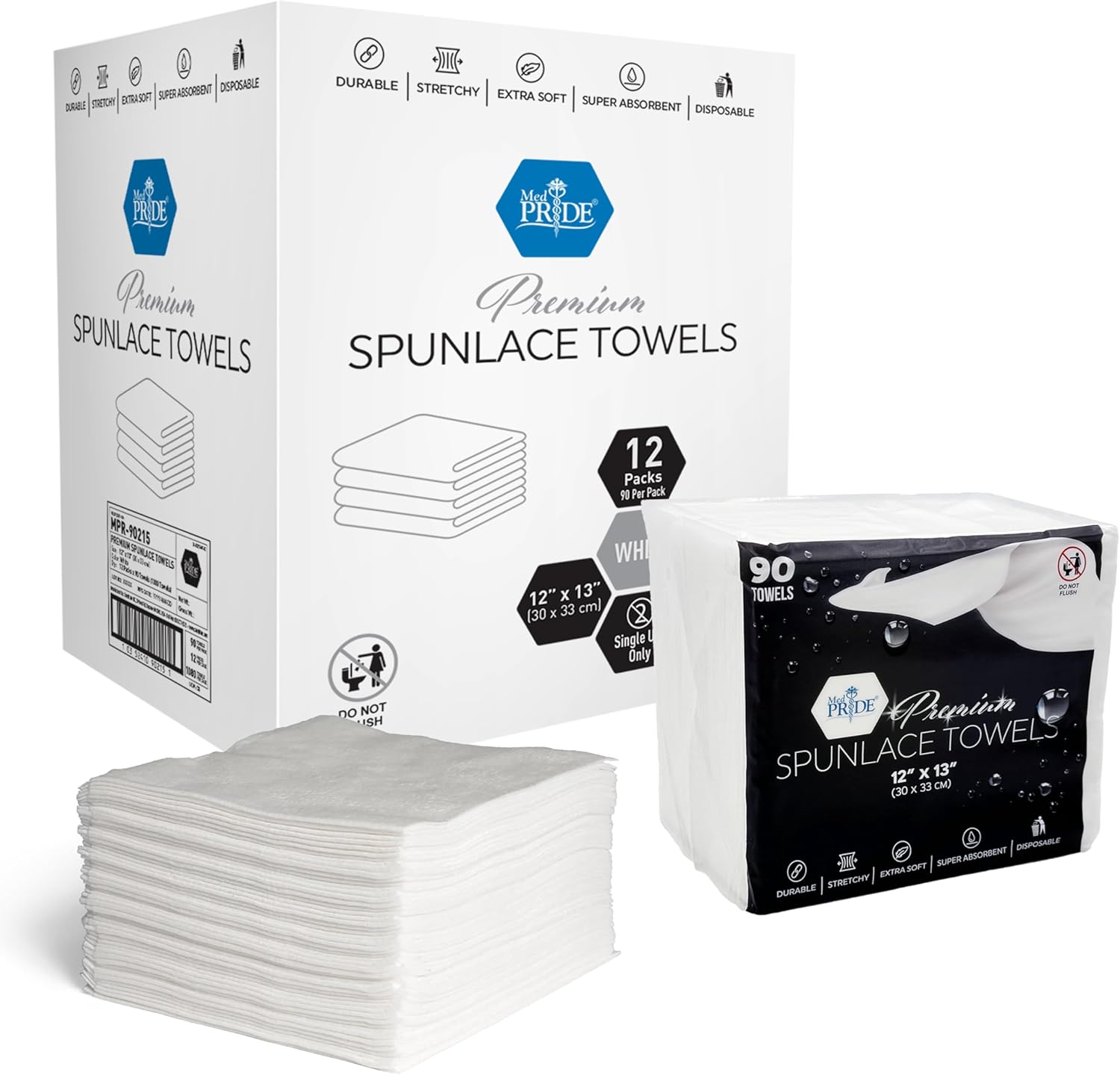 MED PRIDE Premium Spunlace Towels, 12 Packs of 90 (1080 Towels), 12" x 13", Ultra Soft, Disposable, Durable, Multipurpose, Lint-Free, Latex-Free
