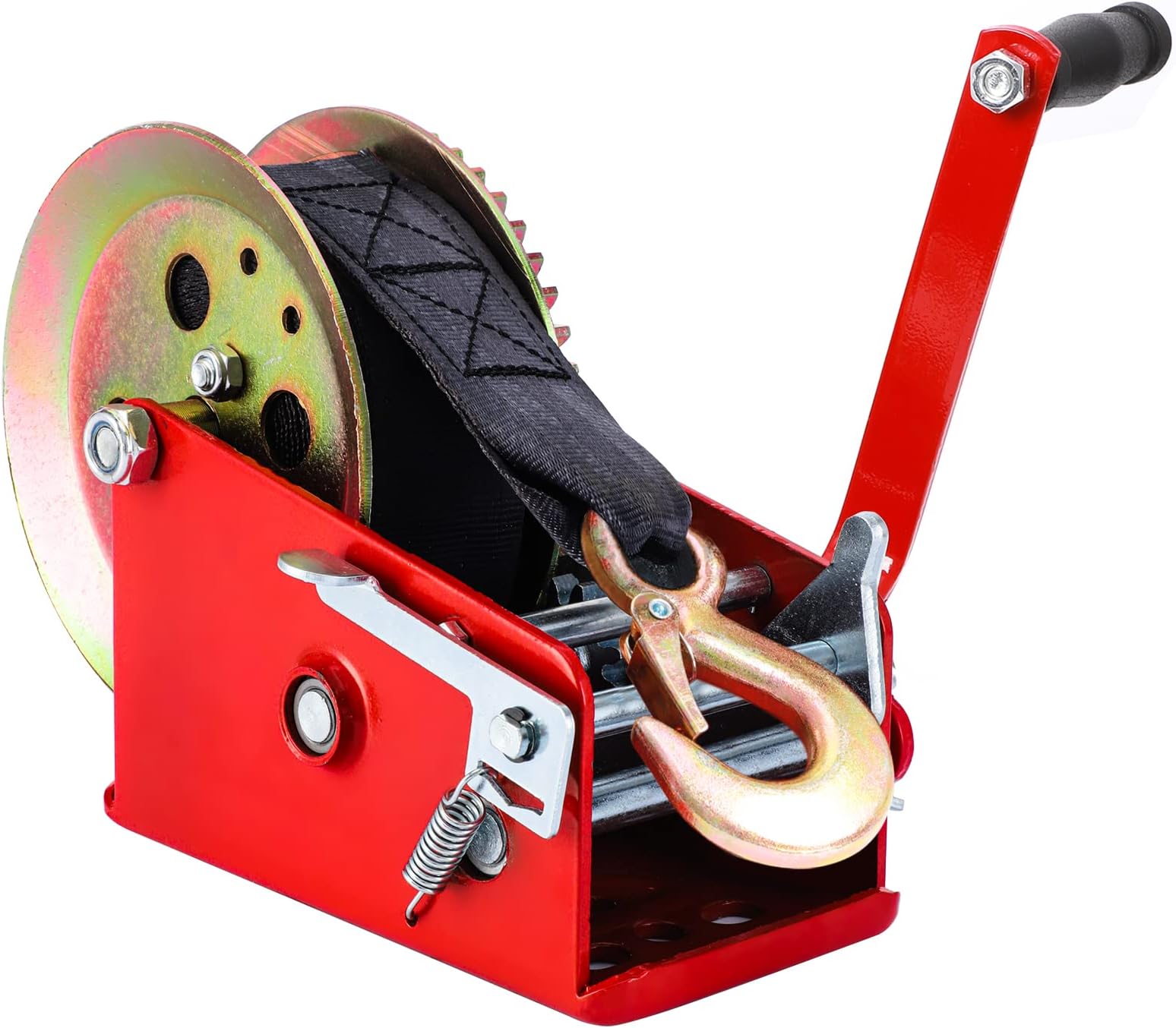 3500lbs Heavy Duty Hand Winch with 33FT Strap and Safety Pawl, 2 Gear Manual Hand Winch for Boat Trailer, 2 Ways Crank Ratchet for Pickup ATV Marine Drag Boats Truck Auto - Red