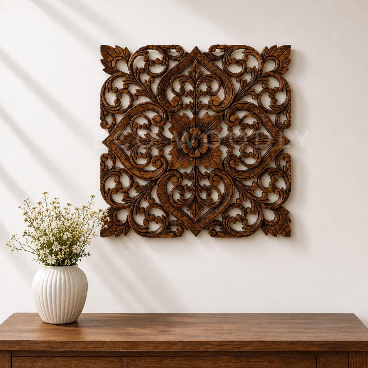ECO WOODLY Wooden Wall Panel for Home Decor | Floral Carved Wall Art | Premium MDF Decorative Wall Hanging | Brown Finish | Living Room, Bedroom & Office Decor (24 x 24 Inch) (Brown)-image-38