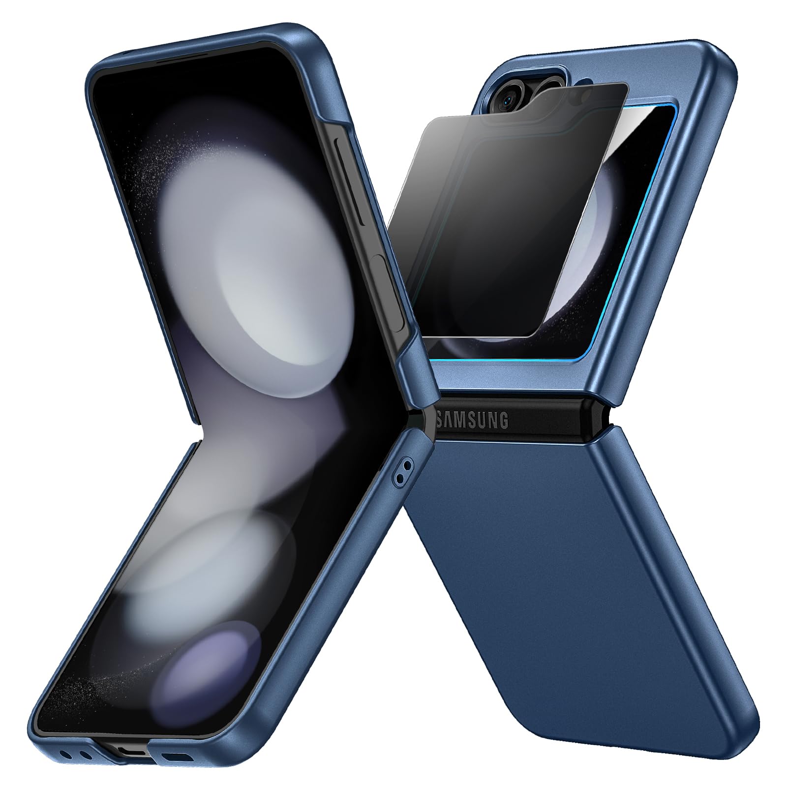 Ruky for Z Flip 5 Case with Privacy Screen Protector, Full Body Cover Anti-Scratches Shockproof Hard PC Ultra-Thin, Support Wireless Charging Protective Phone Cover for Samsung Z Flip 5, Dark Blue