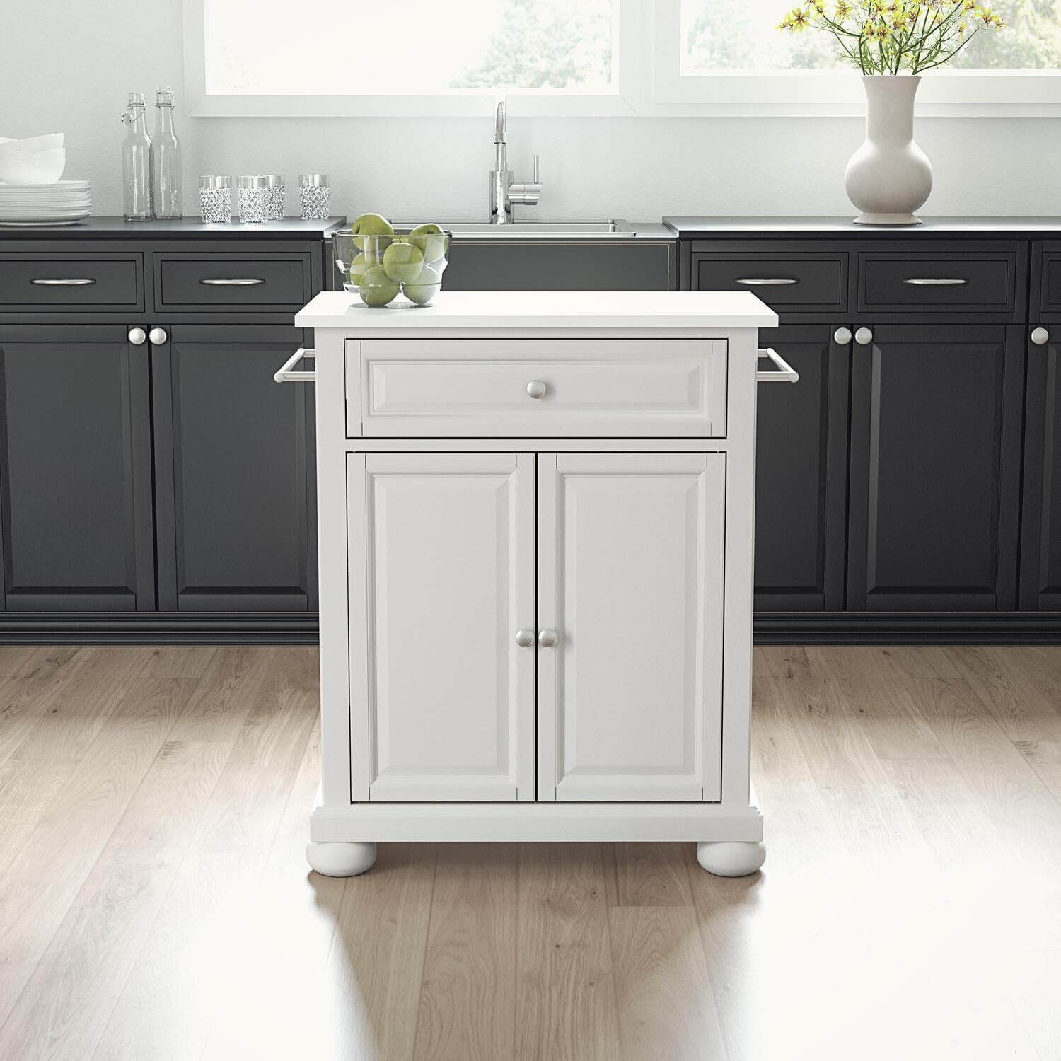 HomeStock Southwestern Style Stone Top Portable Kitchen Island,Spacious Countertop,Portable Design,Modern Kitchen Furniture,Convenient,/Cart White/White