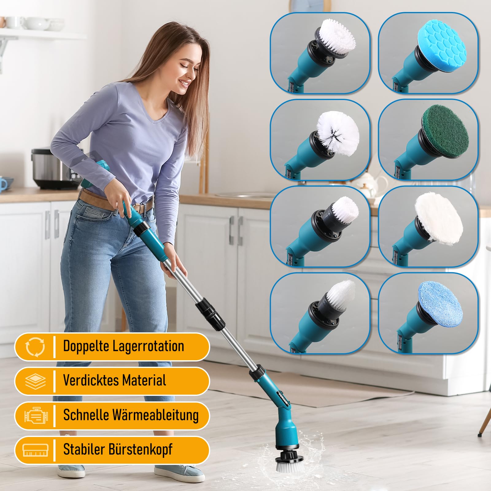 MaxAwe Akumulatorowa szczotka do czyszczenia, kompatybilna z akumulatorem Makita 18 V, 360°, bezprzewodowa, 63-120 cm, rozciągliwa szczotka do czyszczenia z 8 wymiennymi głowicami szczotki, do