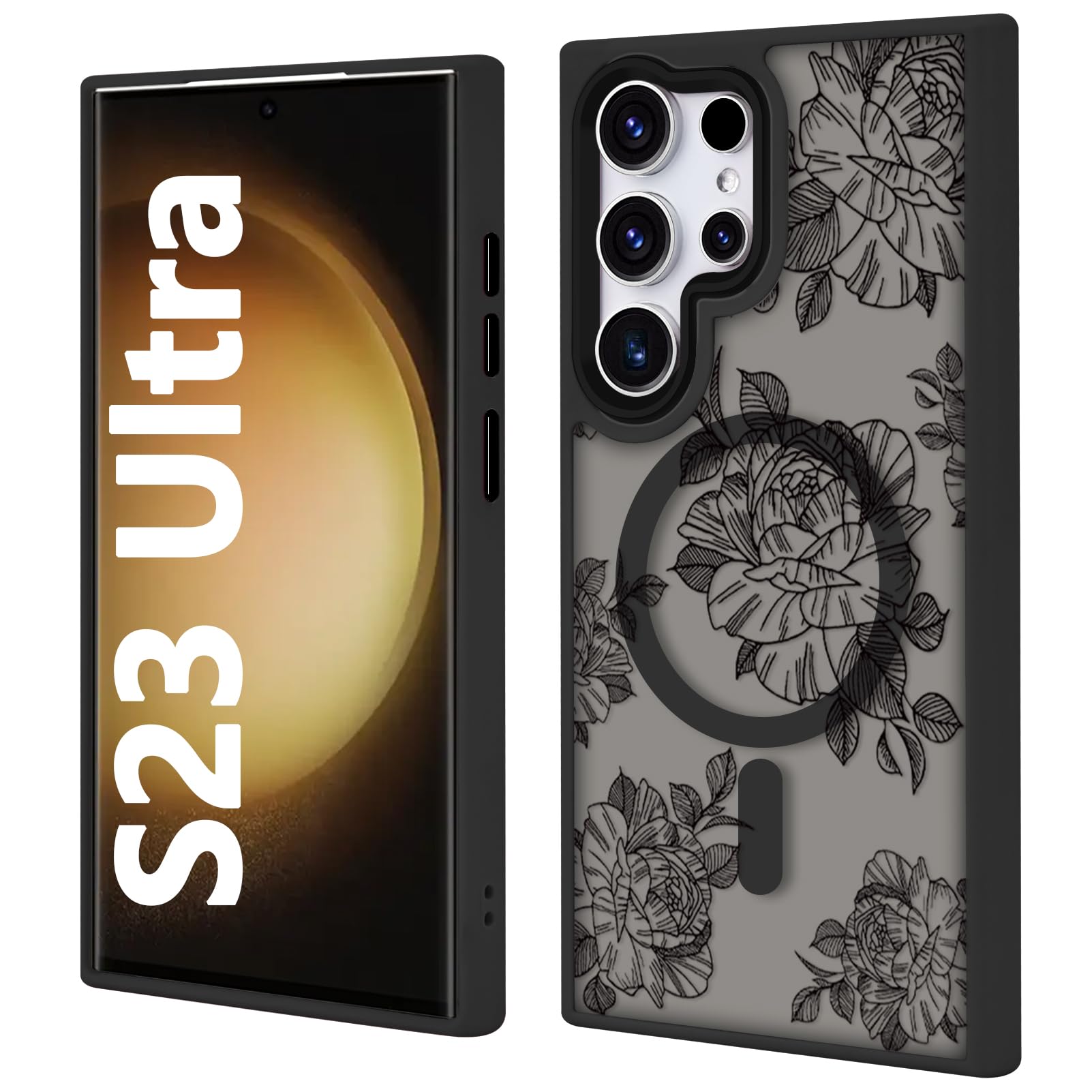 Tcaraersing for Samsung Galaxy S23 Ultra Flower Magnetic Case Compatible with MagSafe Floral Pattern Translucent Matte Shockproof Soft TPU Bumper Hard PC Back Slim Cover for Girls Women, Black Flower