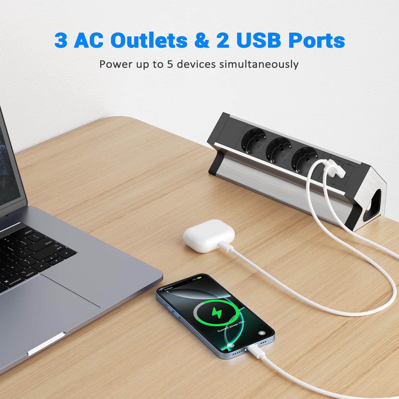 3-Voudig Stekkerdoos Bureau Ohuo Stekkerdoos Bureau met USB-C en USB-A Poorten, Schakelaar, Aluminium Behuizing, 1,8m Kabel
