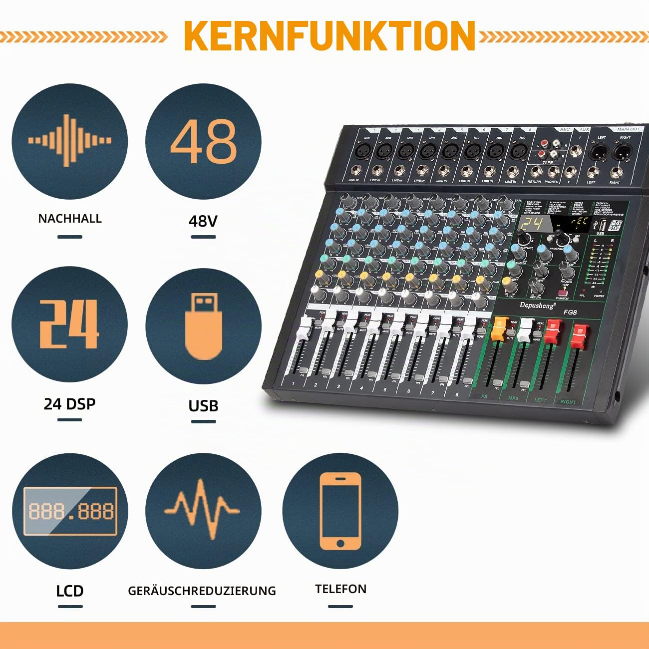 Depusheng FG8 Professioneller 8-Kanal-Audio-Mixer für Computeraufnahmen, Sound-Controller-Schnittstelle, integrierter 24-DSP-Effekt-Studio-Mixer