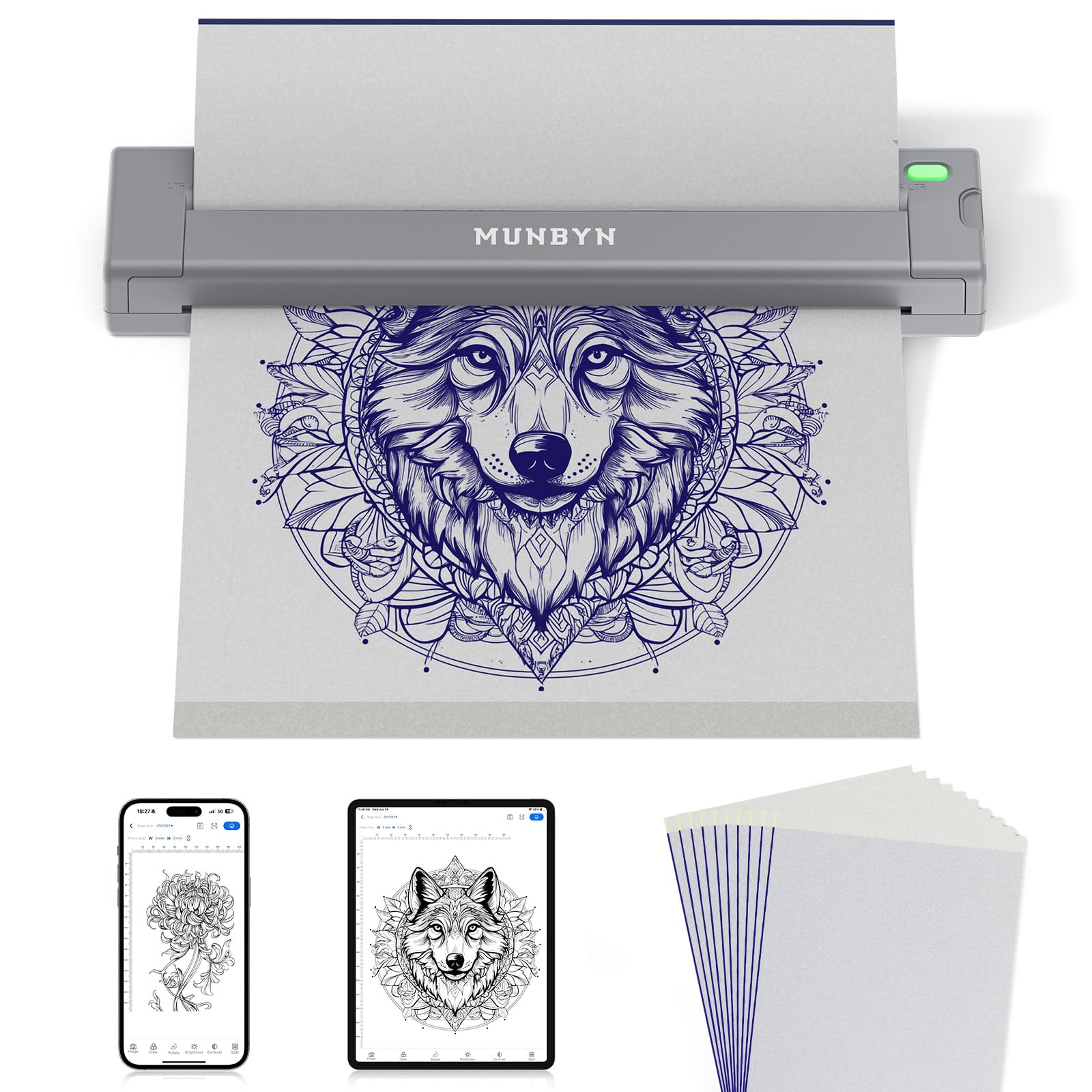 MUNBYN Termocopiadora Tattoo Bluetooth, Impresora Termica Tatuajes para DIY, Compatible con Smartphone y PC, Incluye 10 Hojas de Papel de Transferencia, ITP05S Gris