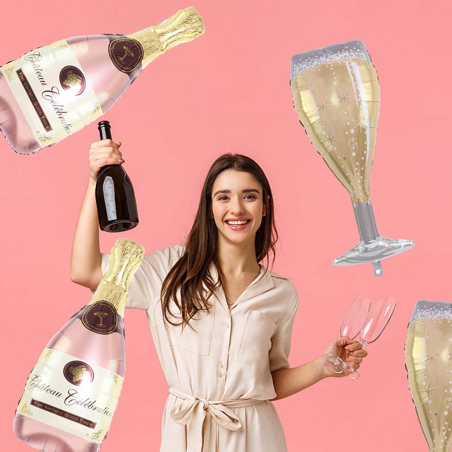 4 Pieces Champagne Bottle Wine Glass Balloons for Party Decoration and Fun Creative Party Supplies, Pink - Image 4