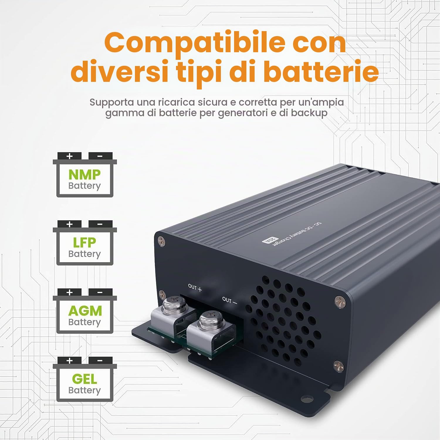 Caricatore da 12 V 20 A DC a DC (con chip intelligente), caricatore intelligente Onboard per batterie NMP, LFP, AGM e gel per roulotte, veicoli commerciali, yacht e barche. 3 livelli di