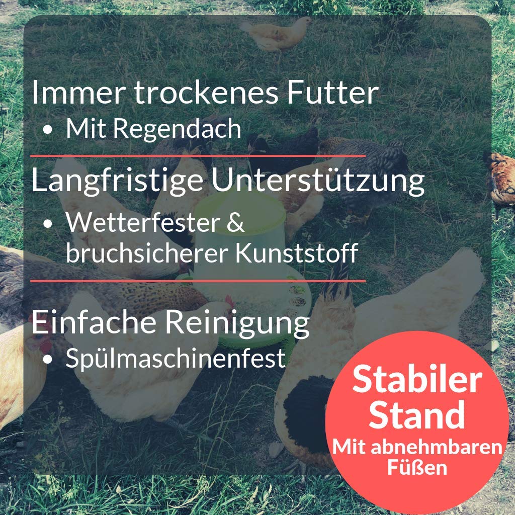 Futterautomat mit Füßen mit 2, 4, 8, 12 und 16 kg grün I Hühner, Geflügel Futterspender I Automatischer Spender für Hühnerfutter I Futterstation aufhängbar I Wasserdichter Automat (8 kg)