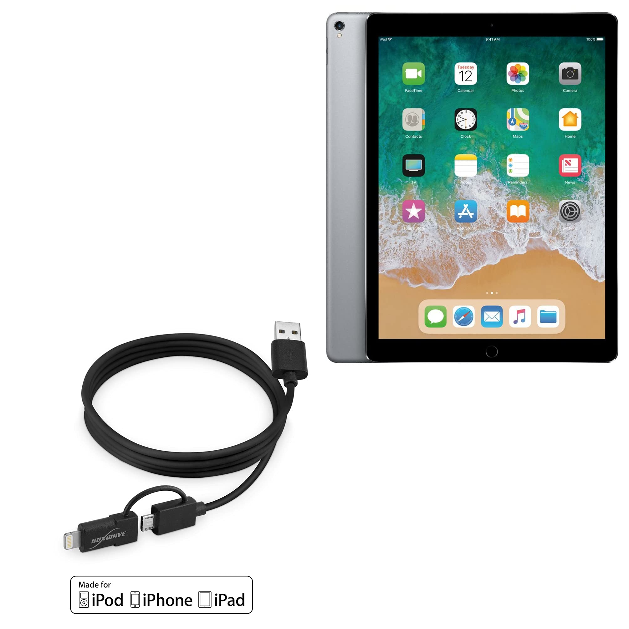 BoxWave Cable for Apple iPad Pro 12.9" (2nd Gen 2017) (Cable iDroid Pro Cable, 2 in 1 Micro USB to MFi Lightning Cable Adapter for Apple iPad Pro 12.9" (2nd Gen 2017) - 3 ft - Black